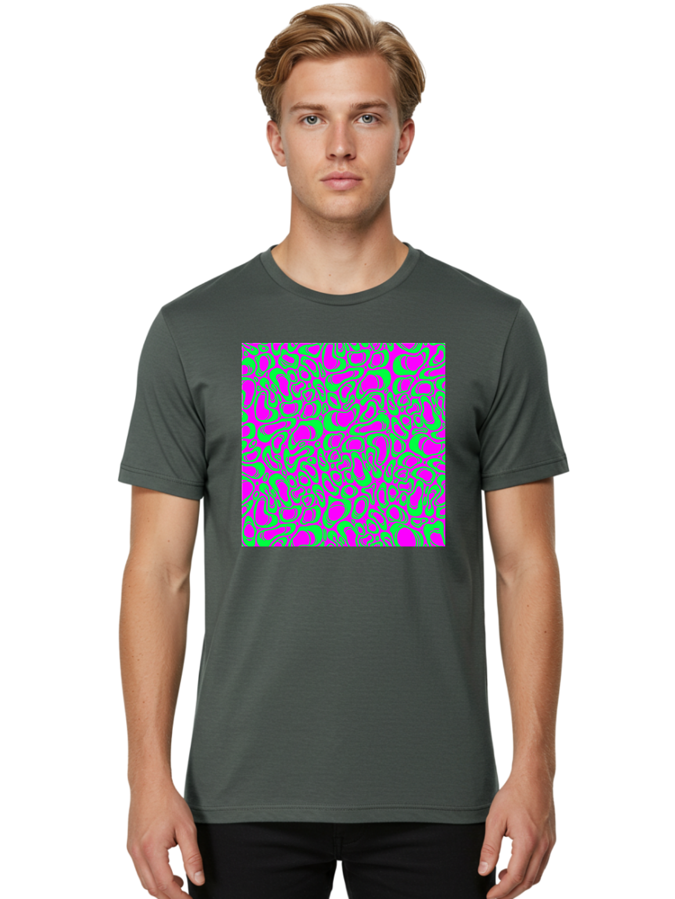 Magenta-And-Green-Pattern Men'S Graphic Tee, 100% Cotton, Comfortable Casual Summer Wear, Machine Washable, Leopard Print Pattern, Animal Print Design, Vibrant Colors, Bold Fashion Statement, Abstract Texture, Colorful Graphic Aac404