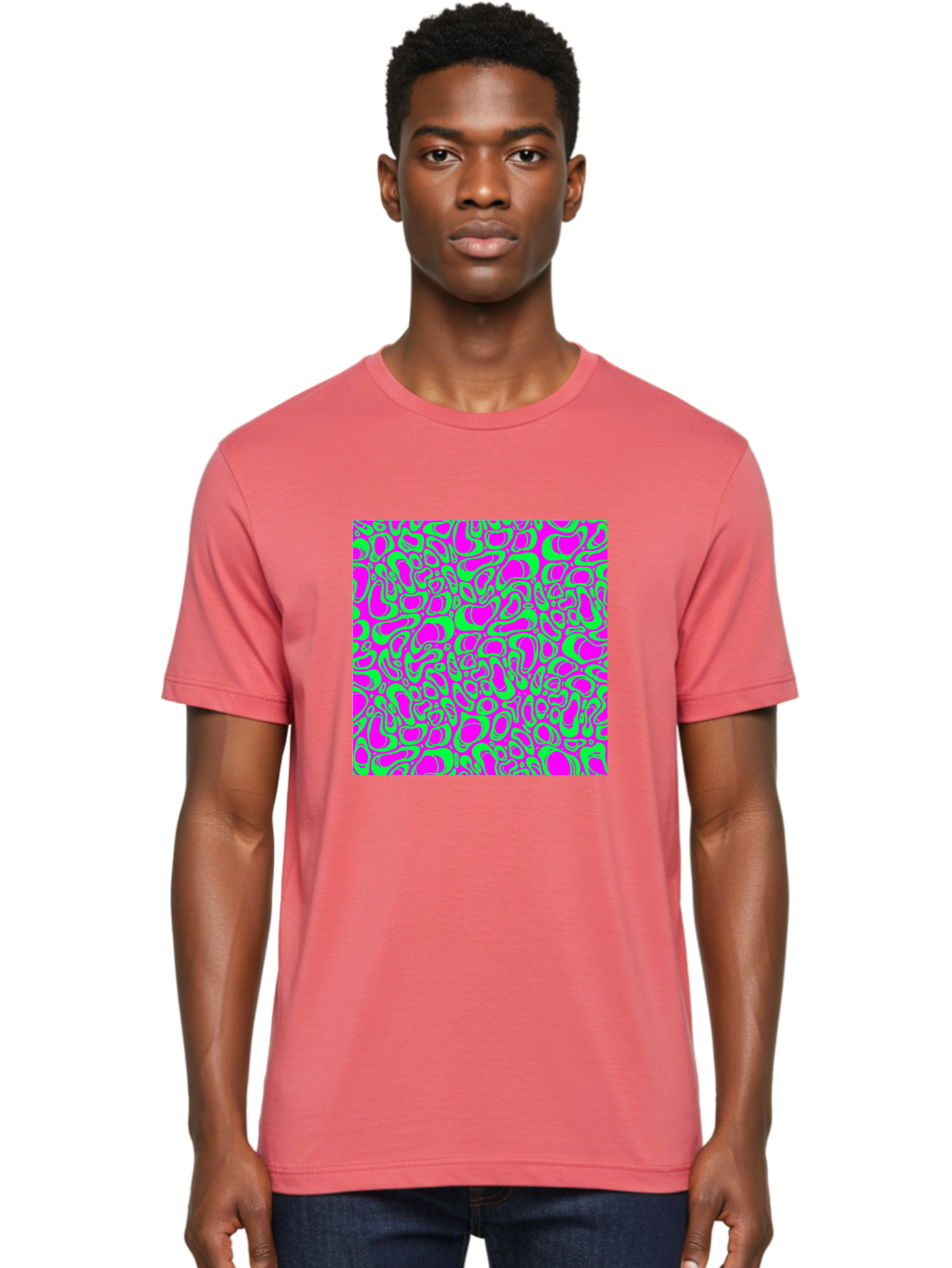 Magenta-And-Green-Pattern Men'S Graphic Tee, 100% Cotton, Comfortable Casual Summer Wear, Machine Washable, Leopard Print Pattern, Animal Print Design, Vibrant Colors, Bold Fashion Statement, Abstract Texture, Colorful Graphic Aac404