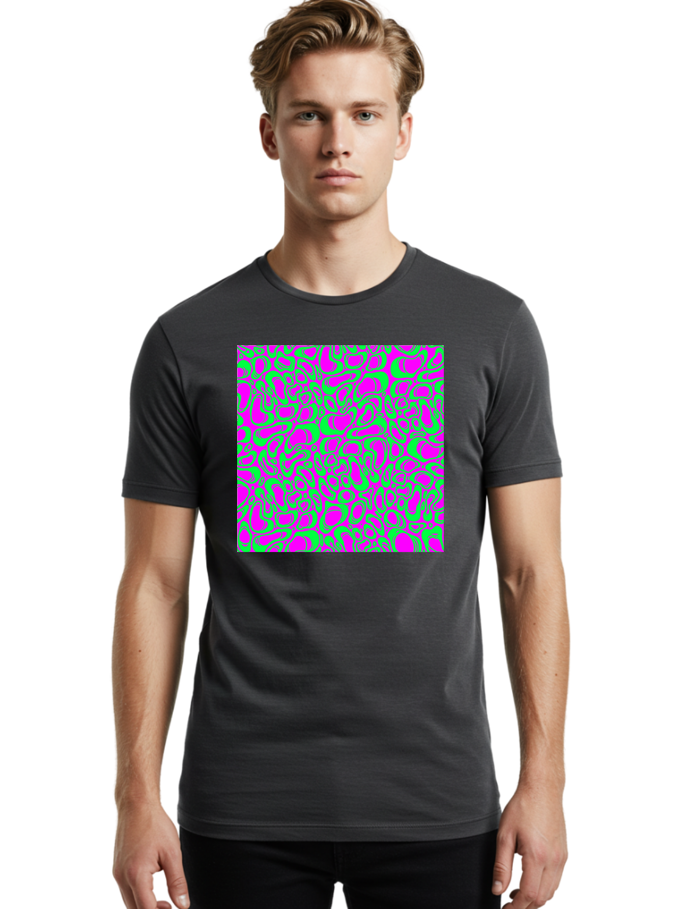 Magenta-And-Green-Pattern Men'S Graphic Tee, 100% Cotton, Comfortable Casual Summer Wear, Machine Washable, Leopard Print Pattern, Animal Print Design, Vibrant Colors, Bold Fashion Statement, Abstract Texture, Colorful Graphic Aac404