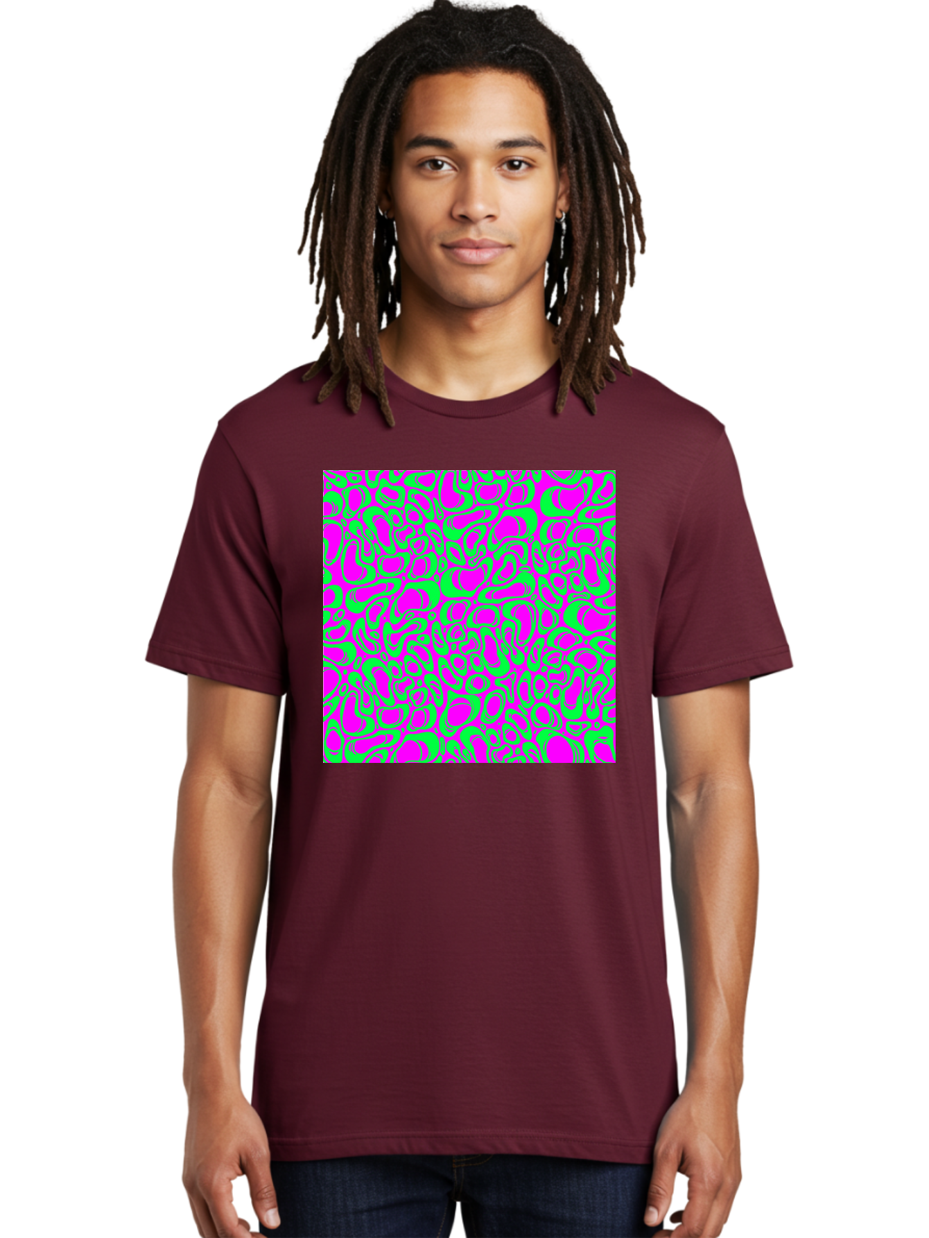 Magenta-And-Green-Pattern Men'S Graphic Tee, 100% Cotton, Comfortable Casual Summer Wear, Machine Washable, Leopard Print Pattern, Animal Print Design, Vibrant Colors, Bold Fashion Statement, Abstract Texture, Colorful Graphic Aac404