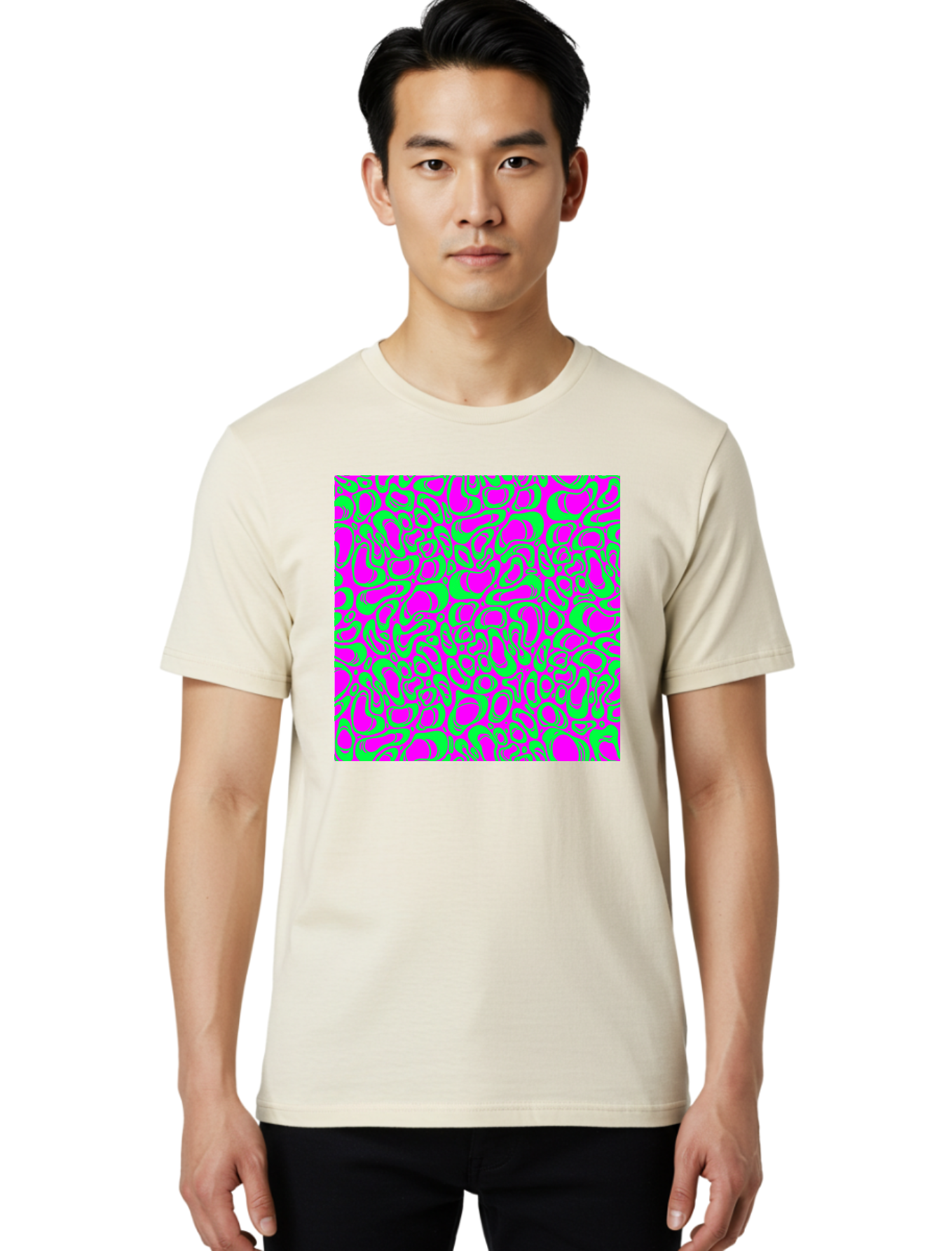 Magenta-And-Green-Pattern Men'S Graphic Tee, 100% Cotton, Comfortable Casual Summer Wear, Machine Washable, Leopard Print Pattern, Animal Print Design, Vibrant Colors, Bold Fashion Statement, Abstract Texture, Colorful Graphic Aac404