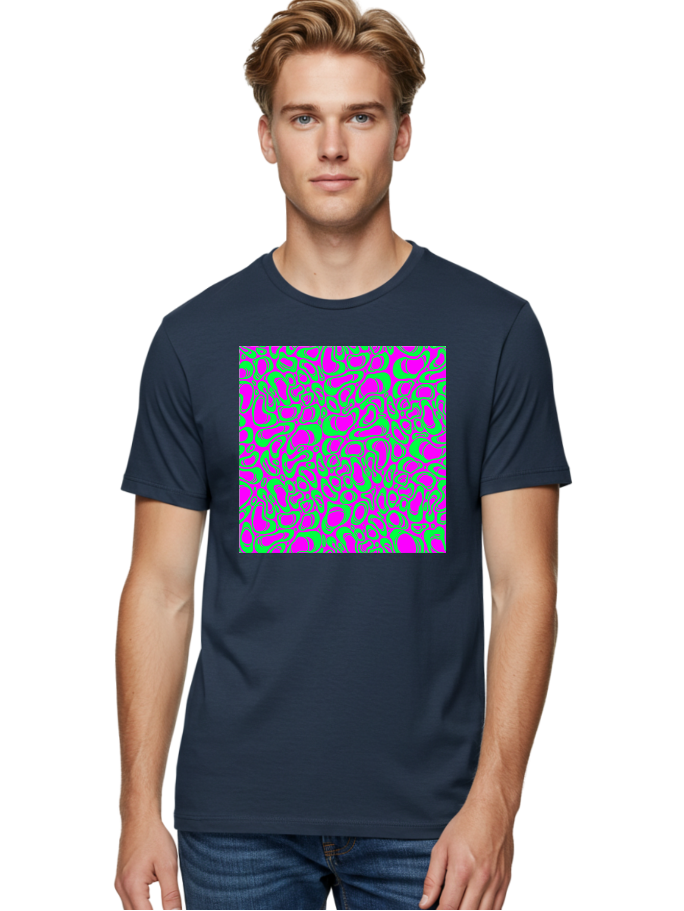 Magenta-And-Green-Pattern Men'S Graphic Tee, 100% Cotton, Comfortable Casual Summer Wear, Machine Washable, Leopard Print Pattern, Animal Print Design, Vibrant Colors, Bold Fashion Statement, Abstract Texture, Colorful Graphic Aac404