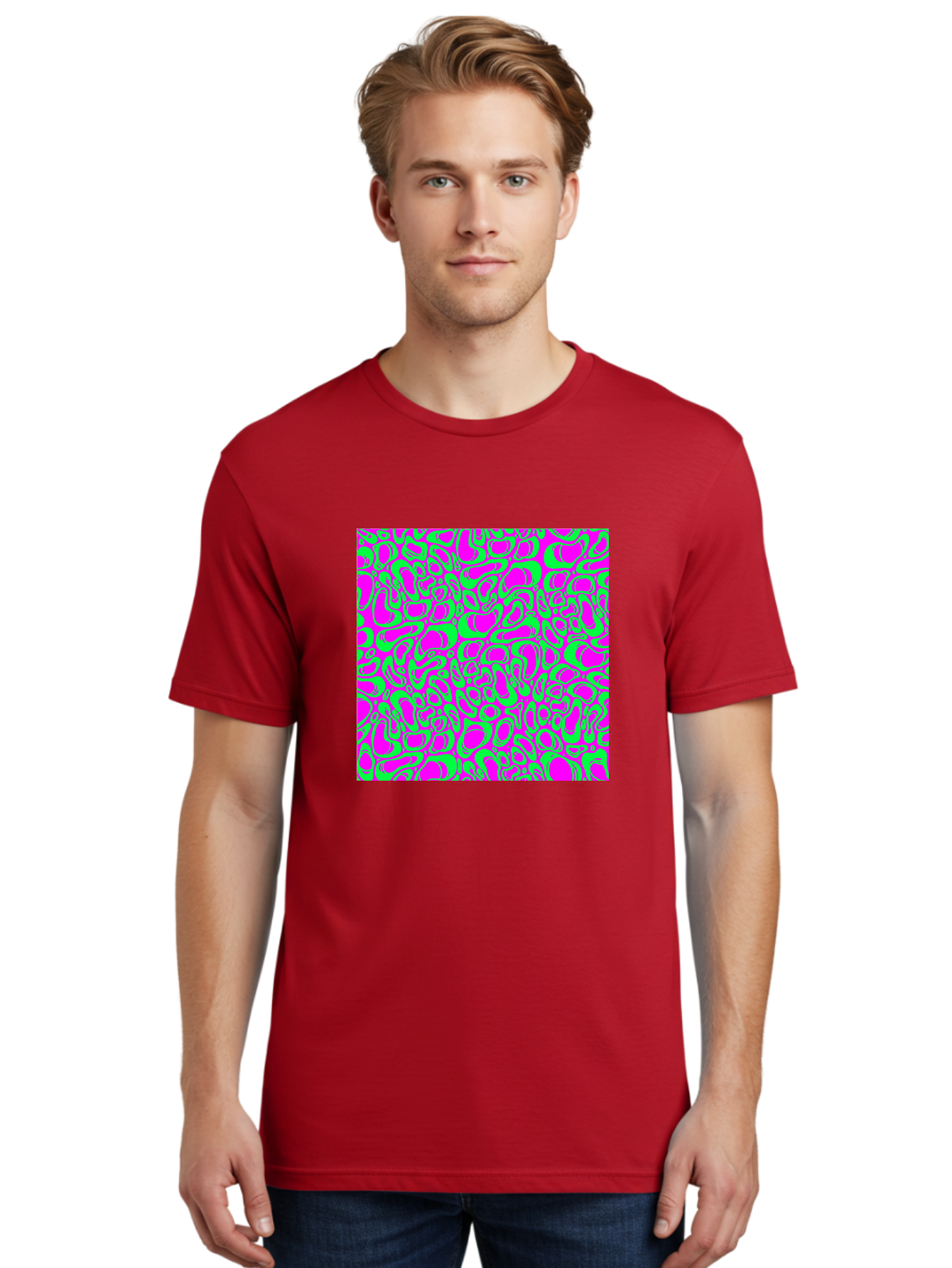 Magenta-And-Green-Pattern Men'S Graphic Tee, 100% Cotton, Comfortable Casual Summer Wear, Machine Washable, Leopard Print Pattern, Animal Print Design, Vibrant Colors, Bold Fashion Statement, Abstract Texture, Colorful Graphic Aac404