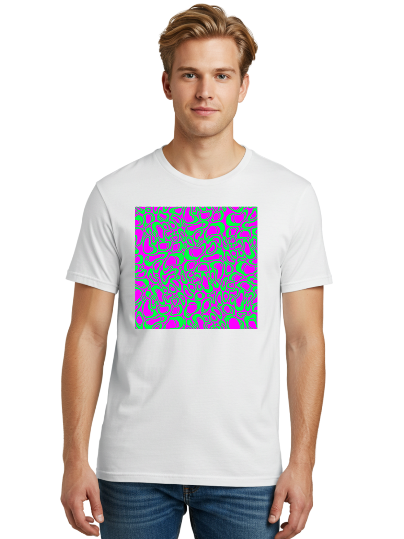 Magenta-And-Green-Pattern Men'S Graphic Tee, 100% Cotton, Comfortable Casual Summer Wear, Machine Washable, Leopard Print Pattern, Animal Print Design, Vibrant Colors, Bold Fashion Statement, Abstract Texture, Colorful Graphic Aac404