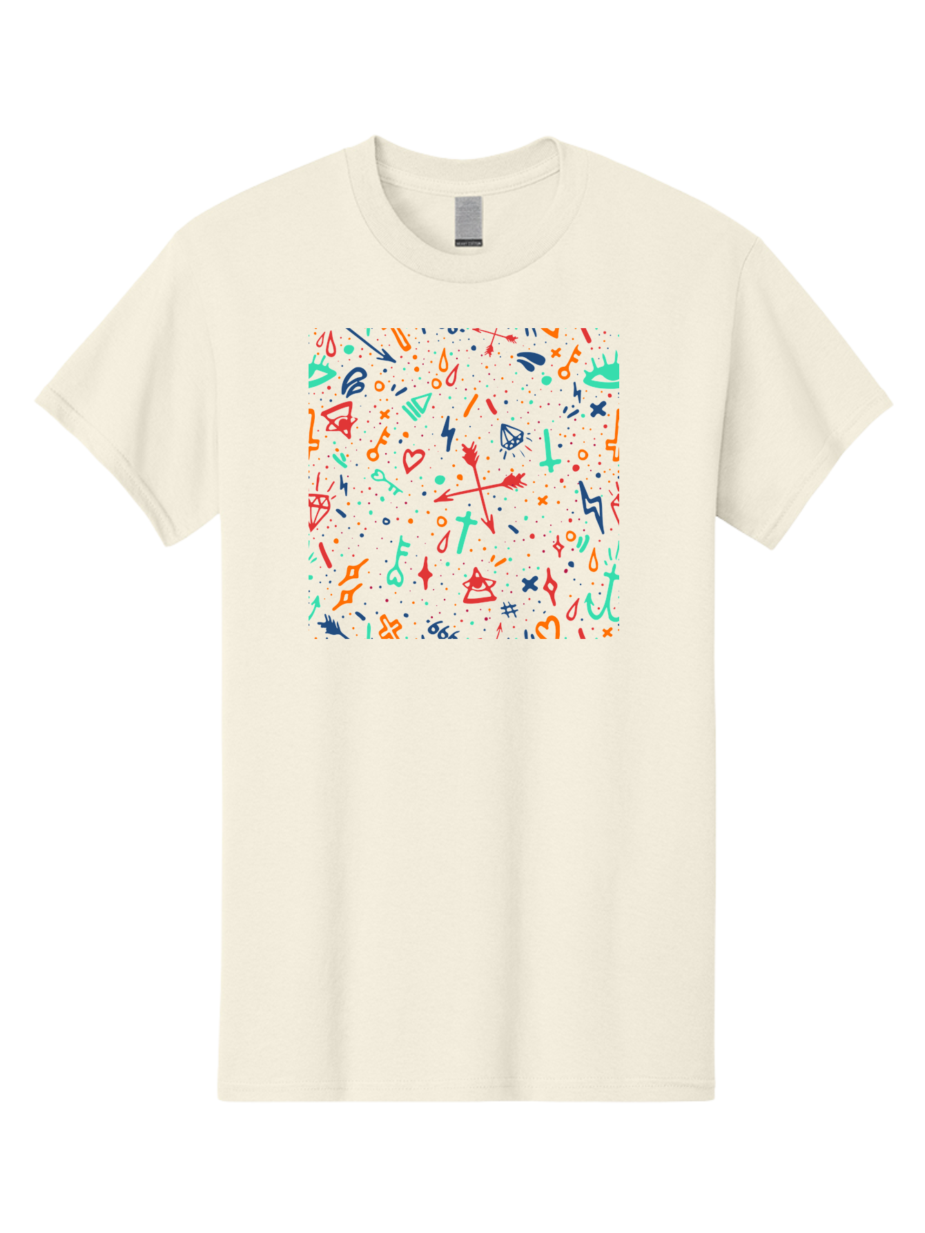 Memphis-Pattern Men'S Graphic Tee, 100% Cotton, Comfortable Casual Summer Wear, Machine Washable, Symbolic Patterns, Mystical Symbols, Occult Designs, Magical Elements, Daggers, Keys, Hearts, Stars, Mystical Themes, Spiritual Motifs, Aac405