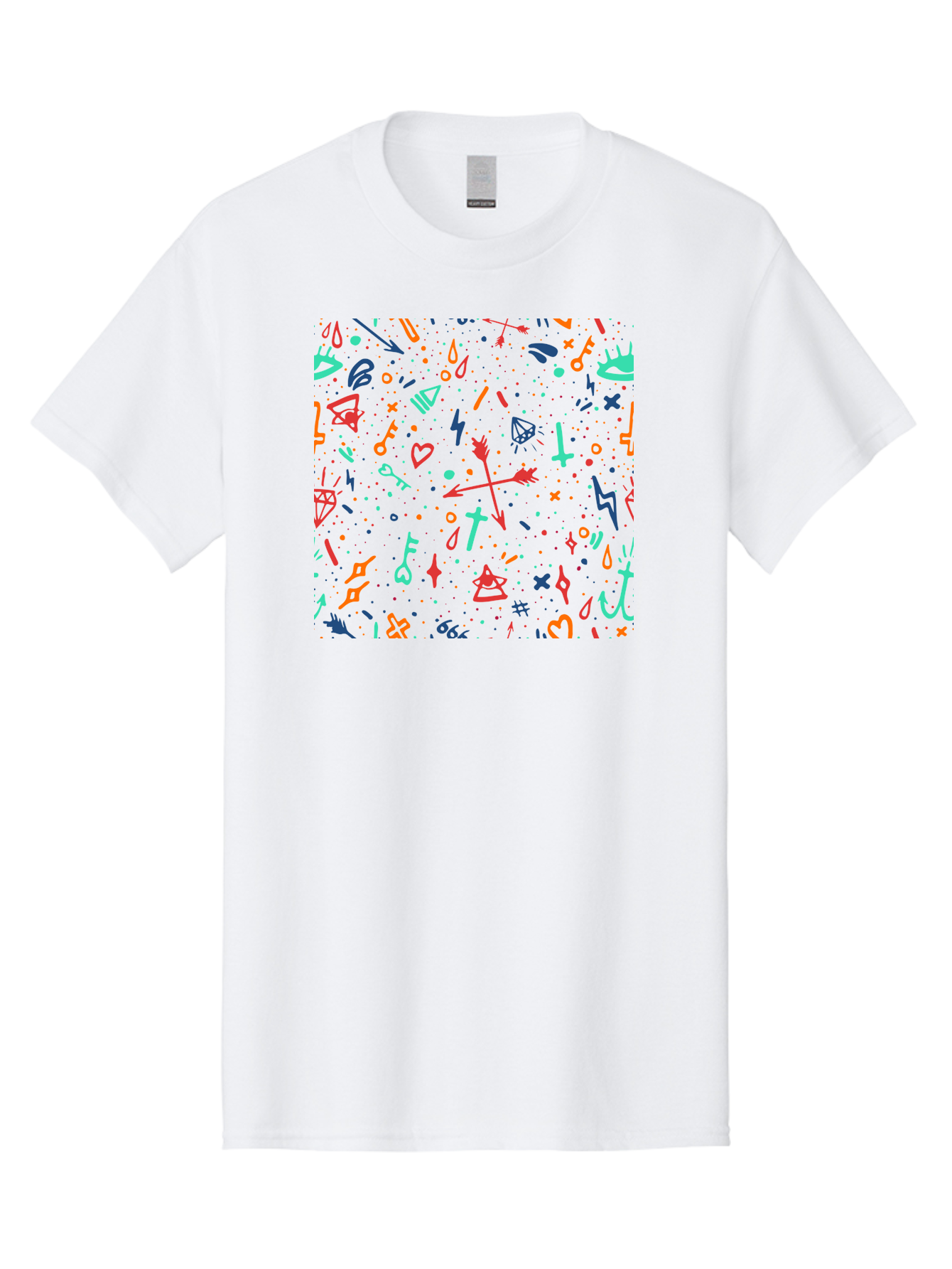 Memphis-Pattern Men'S Graphic Tee, 100% Cotton, Comfortable Casual Summer Wear, Machine Washable, Symbolic Patterns, Mystical Symbols, Occult Designs, Magical Elements, Daggers, Keys, Hearts, Stars, Mystical Themes, Spiritual Motifs, Aac405