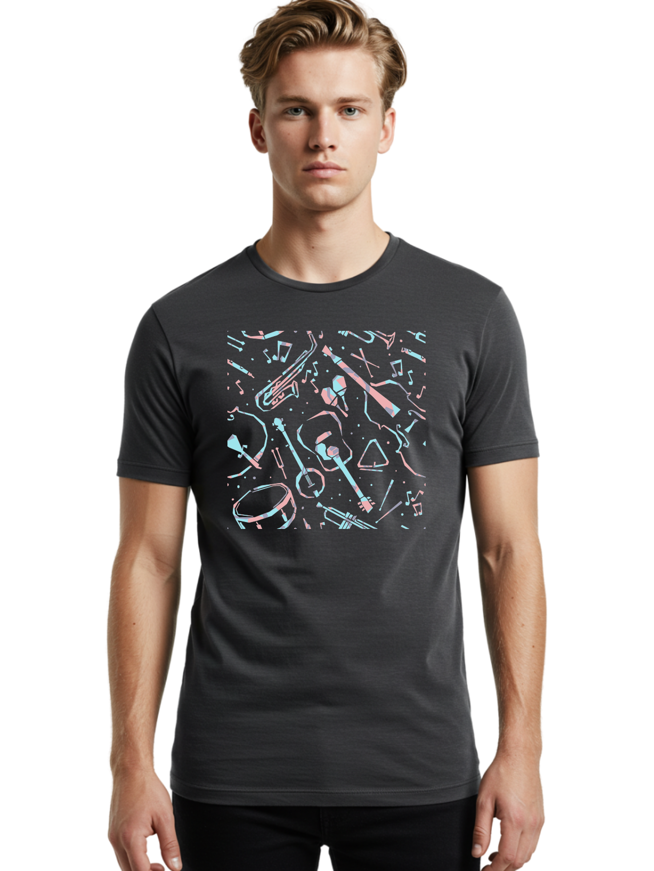 Music-Instruments-Pattern-1 Men'S Graphic Tee, 100% Cotton, Comfortable Casual Summer Wear, Machine Washable, Music Instruments, Musical Notes, Guitar, Saxophone, Trumpet, Drum, Violin, Abstract Art, Creative Design, Musical Elements, Aac407