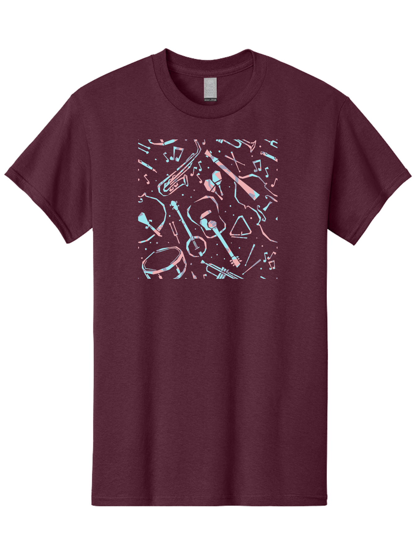 Music-Instruments-Pattern-1 Men'S Graphic Tee, 100% Cotton, Comfortable Casual Summer Wear, Machine Washable, Music Instruments, Musical Notes, Guitar, Saxophone, Trumpet, Drum, Violin, Abstract Art, Creative Design, Musical Elements, Aac407