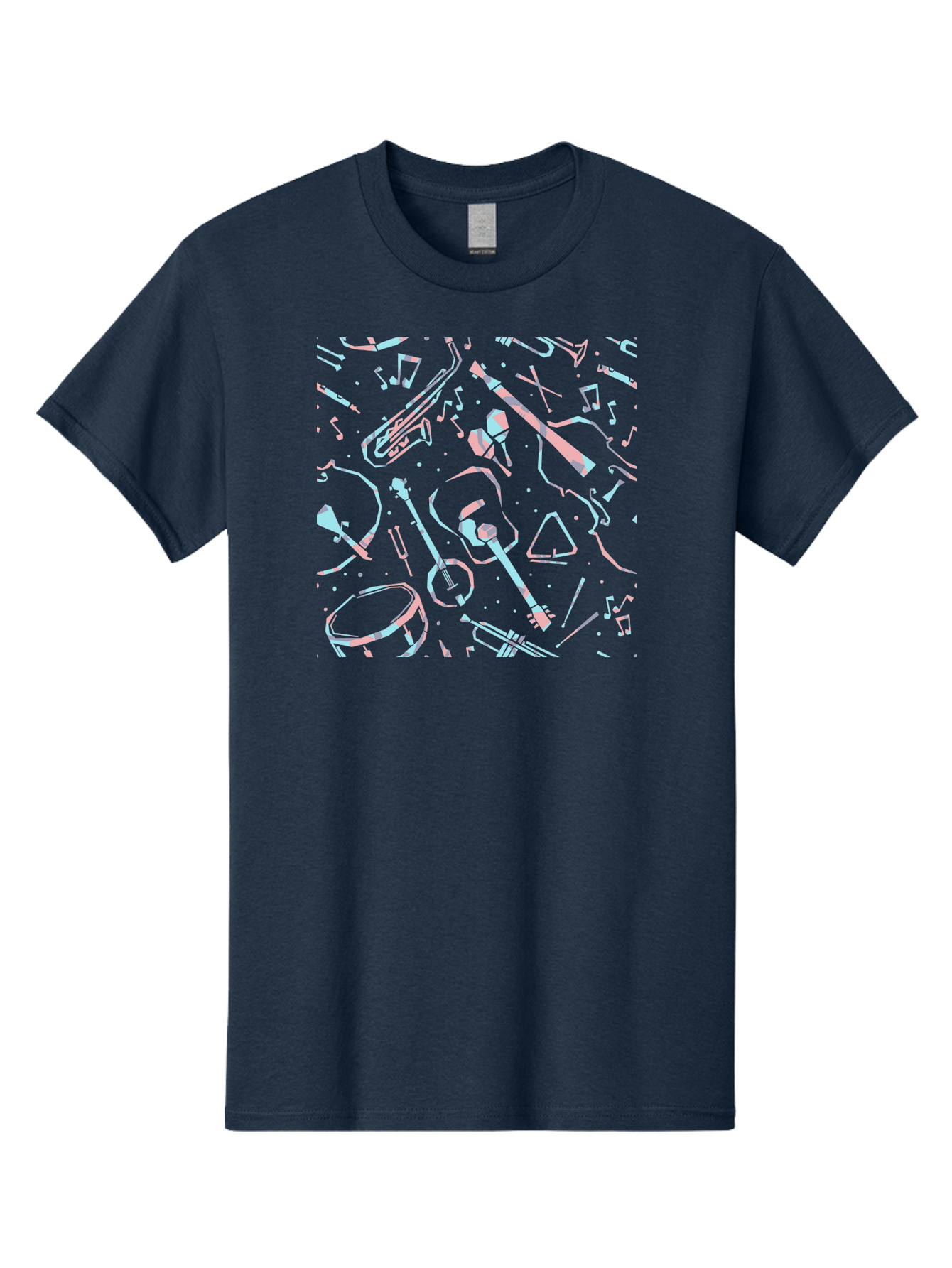 Music-Instruments-Pattern-1 Men'S Graphic Tee, 100% Cotton, Comfortable Casual Summer Wear, Machine Washable, Music Instruments, Musical Notes, Guitar, Saxophone, Trumpet, Drum, Violin, Abstract Art, Creative Design, Musical Elements, Aac407