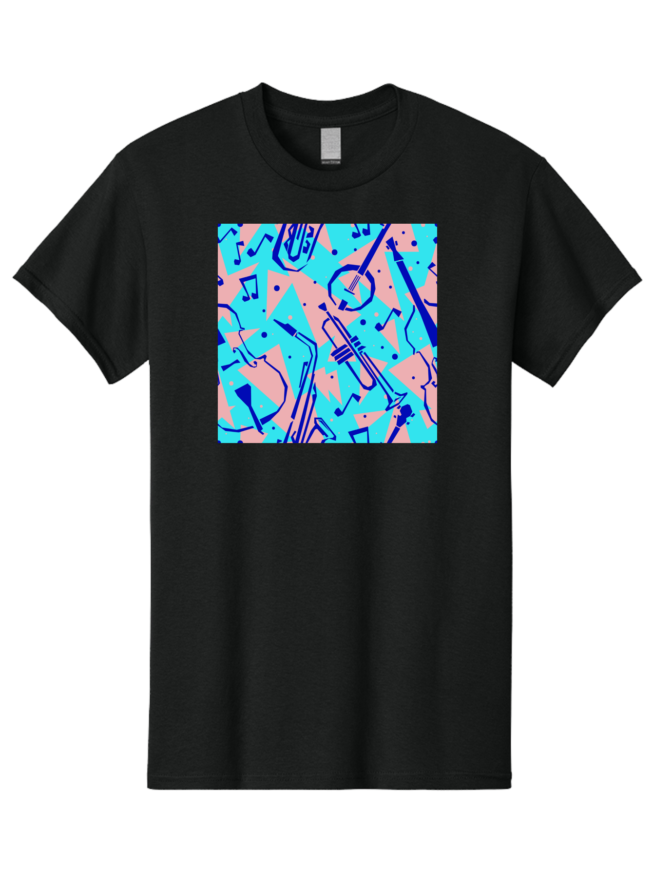 Music-Instruments-Pattern Men'S Graphic Tee, 100% Cotton, Comfortable Casual Summer Wear, Machine Washable, Musical Instruments, Jazz Instruments, Trumpet, Saxophone, Music Notes, Abstract Pattern, Creative Design, Vibrant Colors, Aac408