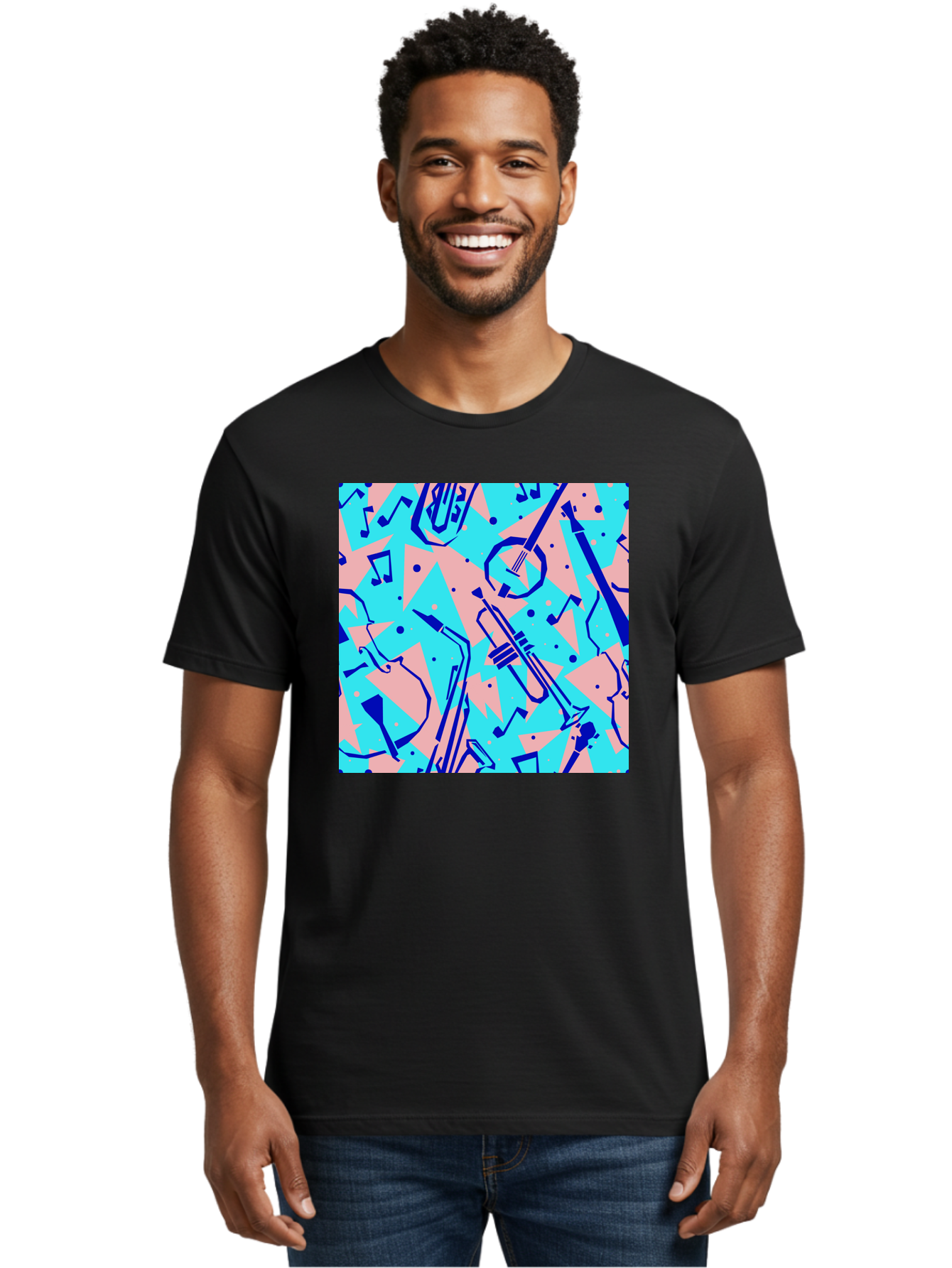 Music-Instruments-Pattern Men'S Graphic Tee, 100% Cotton, Comfortable Casual Summer Wear, Machine Washable, Musical Instruments, Jazz Instruments, Trumpet, Saxophone, Music Notes, Abstract Pattern, Creative Design, Vibrant Colors, Aac408