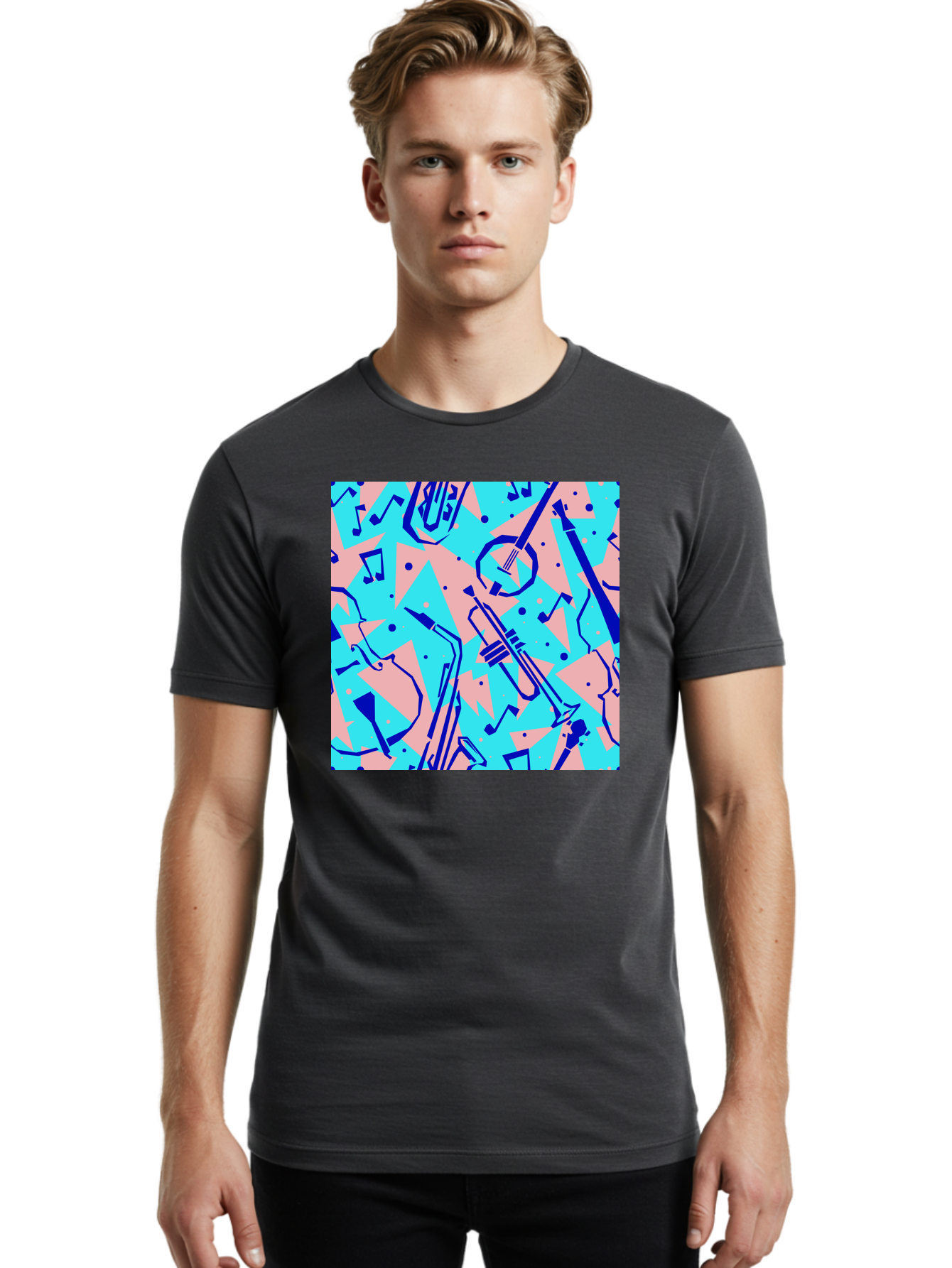 Music-Instruments-Pattern Men'S Graphic Tee, 100% Cotton, Comfortable Casual Summer Wear, Machine Washable, Musical Instruments, Jazz Instruments, Trumpet, Saxophone, Music Notes, Abstract Pattern, Creative Design, Vibrant Colors, Aac408