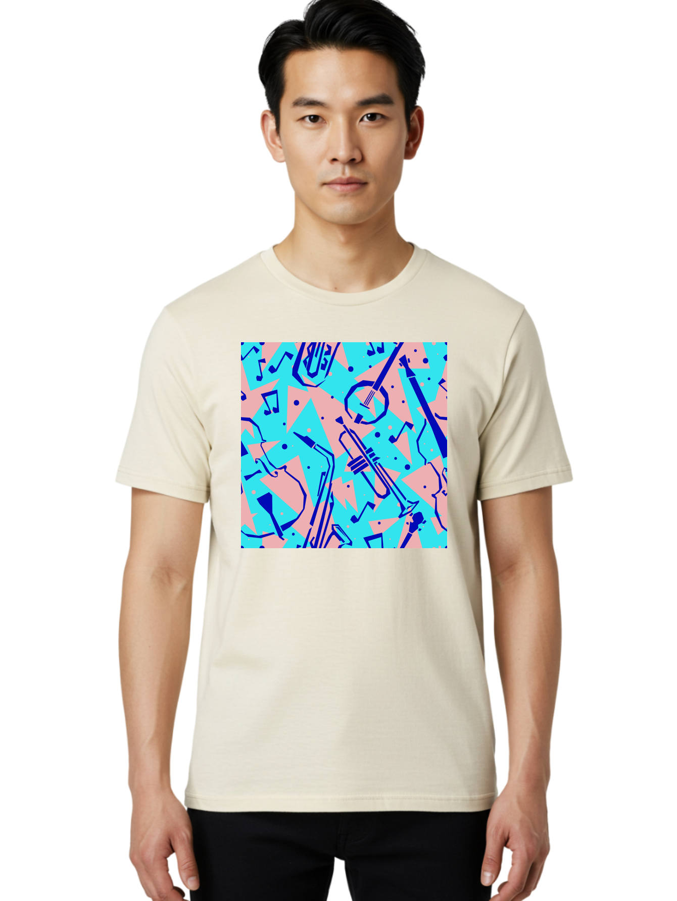 Music-Instruments-Pattern Men'S Graphic Tee, 100% Cotton, Comfortable Casual Summer Wear, Machine Washable, Musical Instruments, Jazz Instruments, Trumpet, Saxophone, Music Notes, Abstract Pattern, Creative Design, Vibrant Colors, Aac408