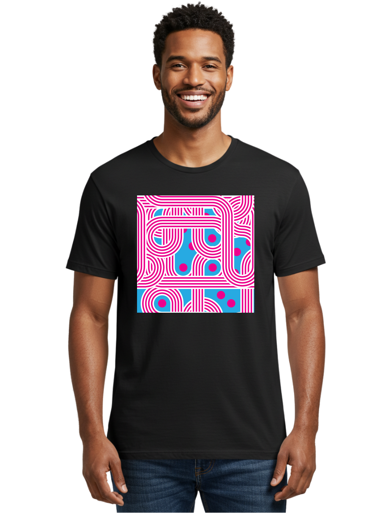 Pink-Lines-And-Dots Men'S Graphic Tee, 100% Cotton, Comfortable Casual Summer Wear, Machine Washable, Pink Lines Pattern, Blue Background, Geometric Shapes, Abstract Design, Vibrant Colors, Modern Art, Playful Graphics, Contemporary Style Aac411