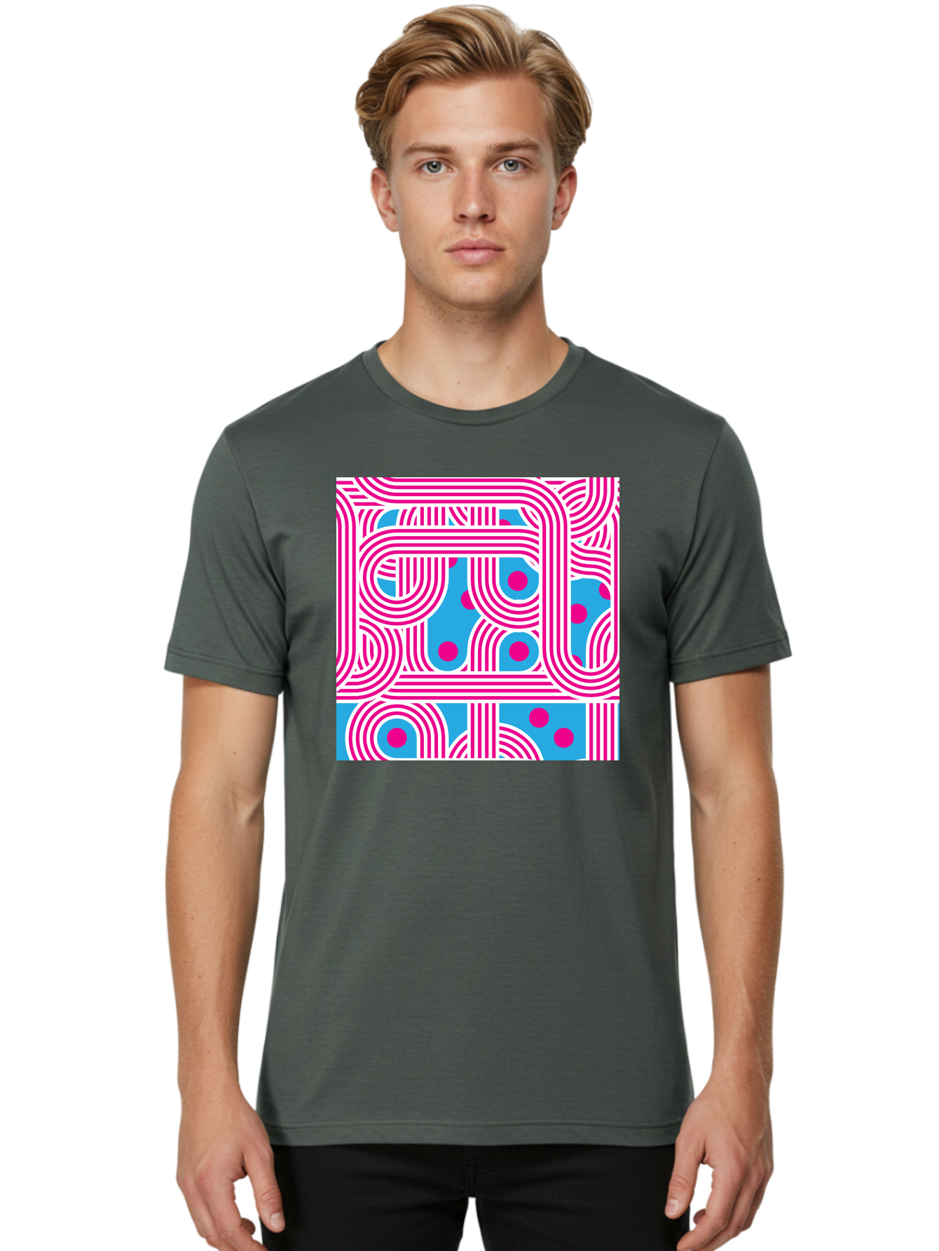 Pink-Lines-And-Dots Men'S Graphic Tee, 100% Cotton, Comfortable Casual Summer Wear, Machine Washable, Pink Lines Pattern, Blue Background, Geometric Shapes, Abstract Design, Vibrant Colors, Modern Art, Playful Graphics, Contemporary Style Aac411
