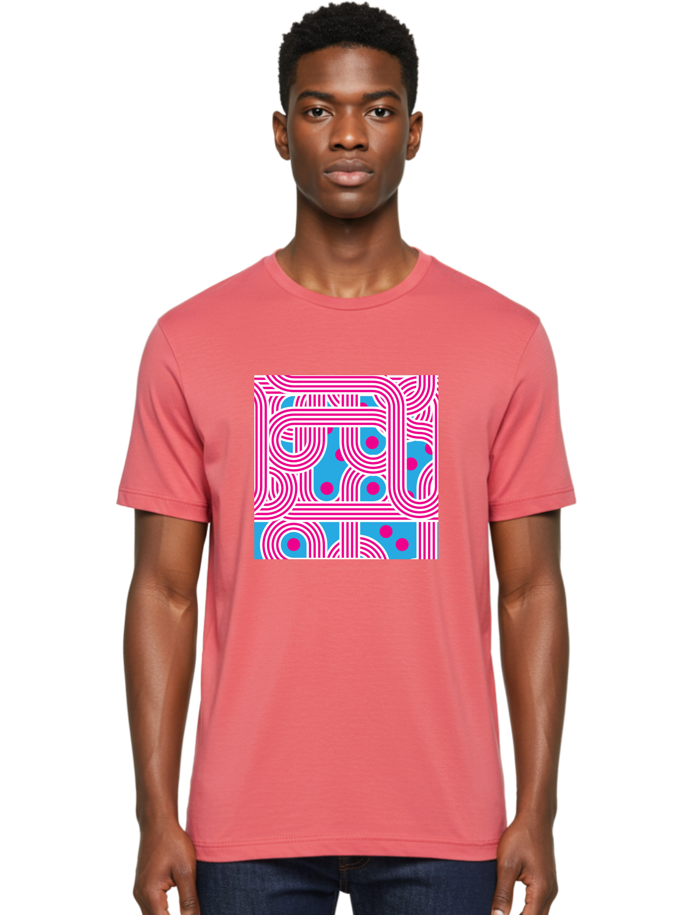 Pink-Lines-And-Dots Men'S Graphic Tee, 100% Cotton, Comfortable Casual Summer Wear, Machine Washable, Pink Lines Pattern, Blue Background, Geometric Shapes, Abstract Design, Vibrant Colors, Modern Art, Playful Graphics, Contemporary Style Aac411