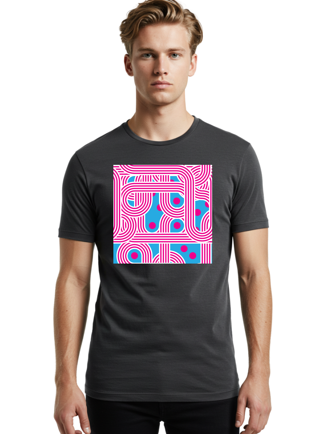 Pink-Lines-And-Dots Men'S Graphic Tee, 100% Cotton, Comfortable Casual Summer Wear, Machine Washable, Pink Lines Pattern, Blue Background, Geometric Shapes, Abstract Design, Vibrant Colors, Modern Art, Playful Graphics, Contemporary Style Aac411