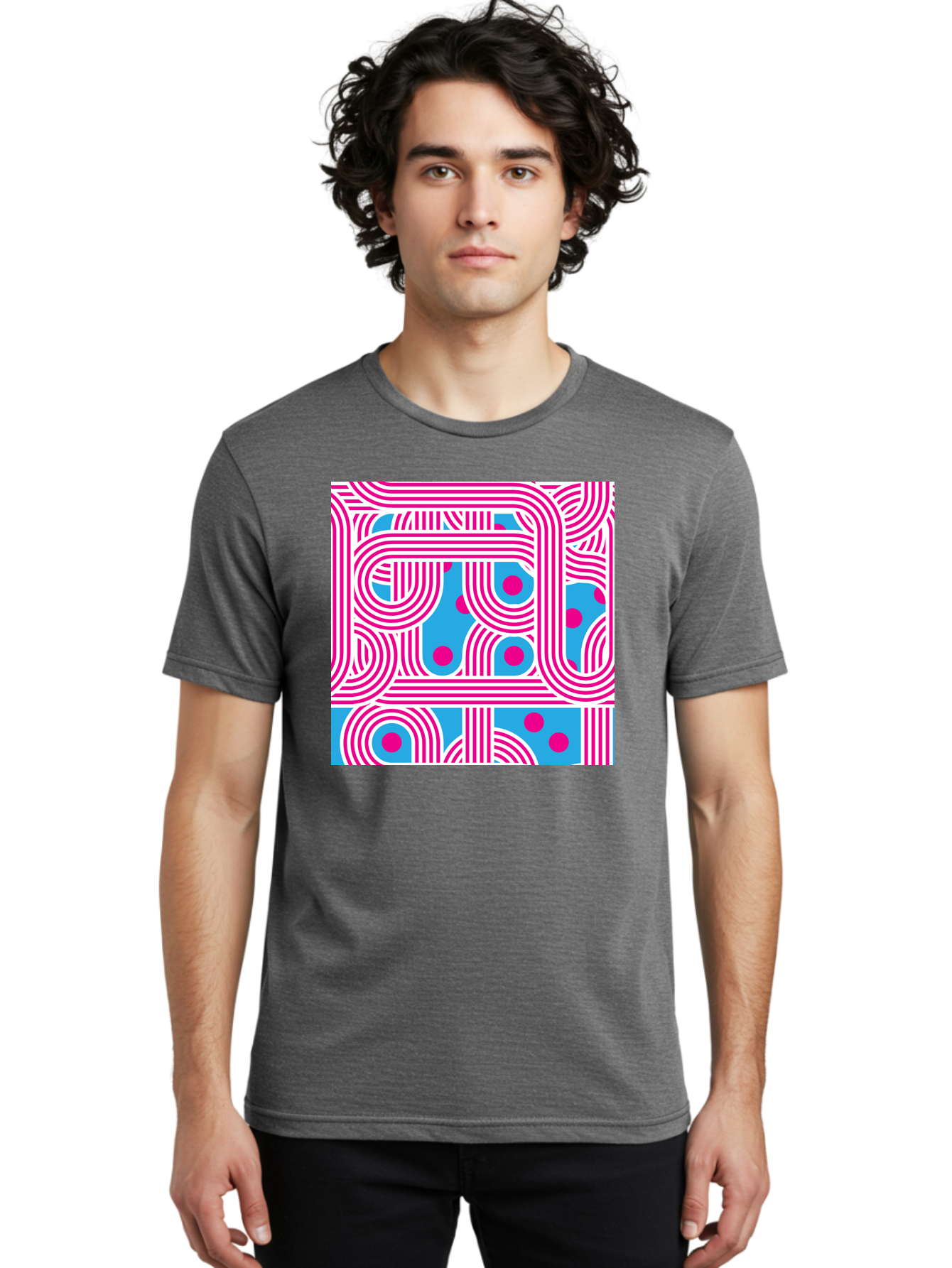 Pink-Lines-And-Dots Men'S Graphic Tee, 100% Cotton, Comfortable Casual Summer Wear, Machine Washable, Pink Lines Pattern, Blue Background, Geometric Shapes, Abstract Design, Vibrant Colors, Modern Art, Playful Graphics, Contemporary Style Aac411