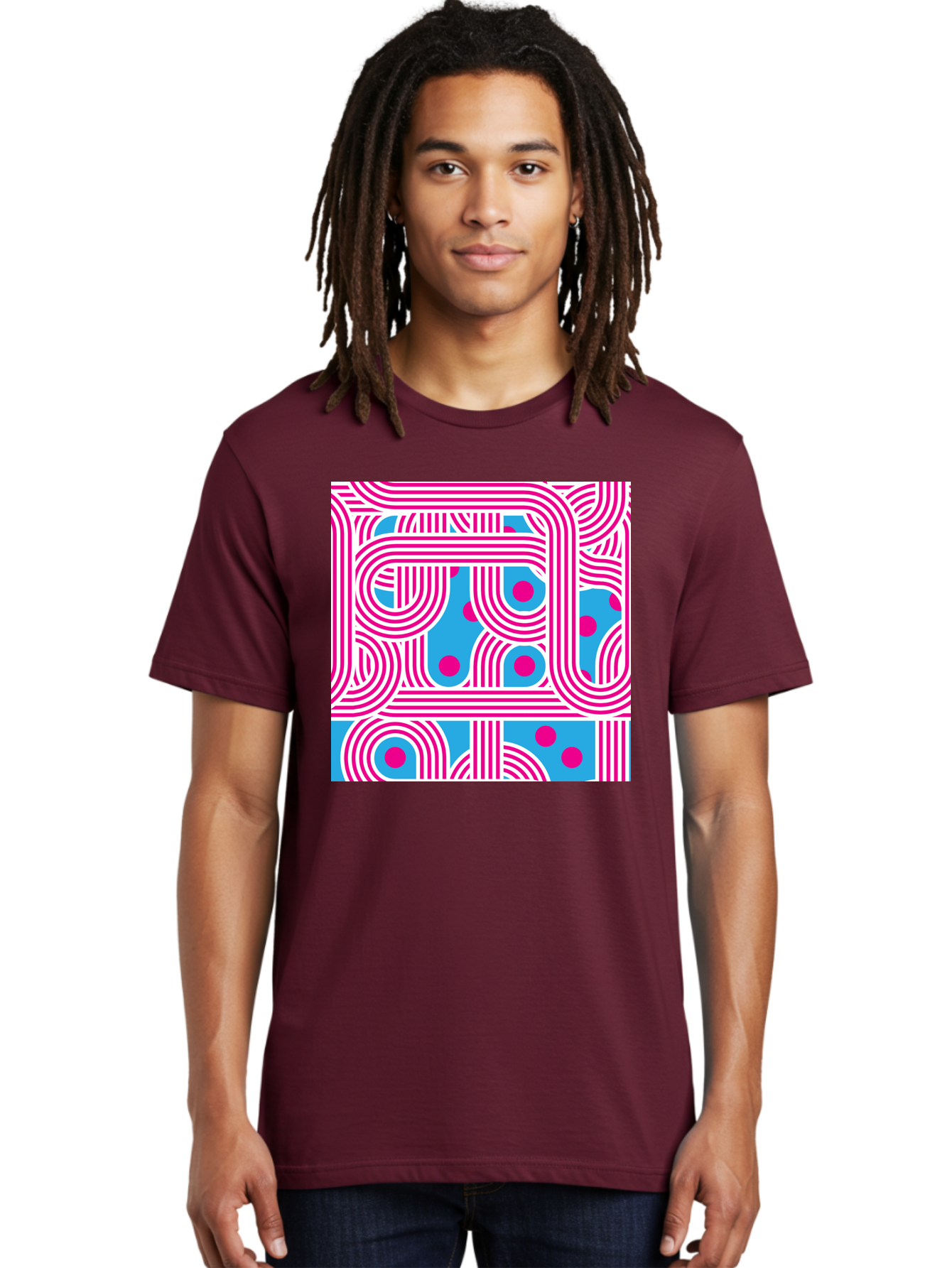 Pink-Lines-And-Dots Men'S Graphic Tee, 100% Cotton, Comfortable Casual Summer Wear, Machine Washable, Pink Lines Pattern, Blue Background, Geometric Shapes, Abstract Design, Vibrant Colors, Modern Art, Playful Graphics, Contemporary Style Aac411