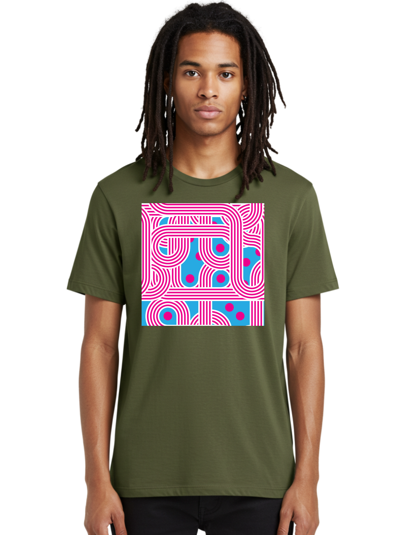 Pink-Lines-And-Dots Men'S Graphic Tee, 100% Cotton, Comfortable Casual Summer Wear, Machine Washable, Pink Lines Pattern, Blue Background, Geometric Shapes, Abstract Design, Vibrant Colors, Modern Art, Playful Graphics, Contemporary Style Aac411