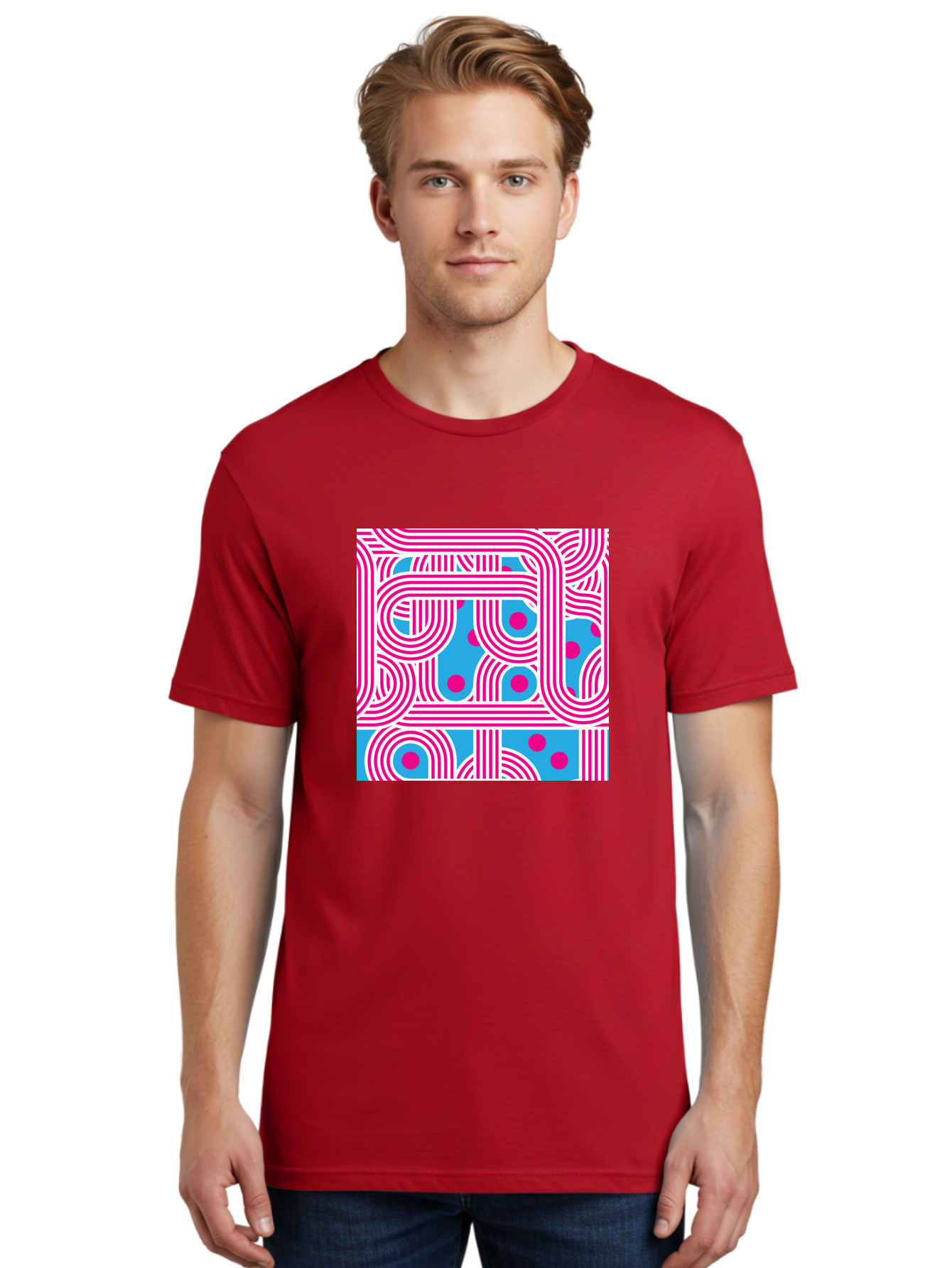 Pink-Lines-And-Dots Men'S Graphic Tee, 100% Cotton, Comfortable Casual Summer Wear, Machine Washable, Pink Lines Pattern, Blue Background, Geometric Shapes, Abstract Design, Vibrant Colors, Modern Art, Playful Graphics, Contemporary Style Aac411