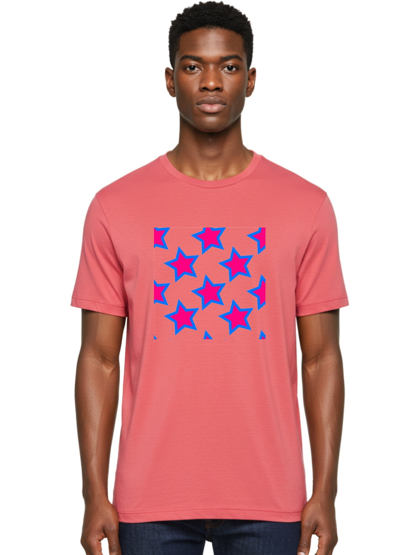 Pink-Stars-Pattern Men'S Graphic Tee, 100% Cotton, Comfortable Casual Summer Wear, Machine Washable, Pink Stars, Blue Outline, Yellow Background, Repeating Pattern, Festive Design, Bright Colors, Fun Graphics, Star Pattern, Aac413