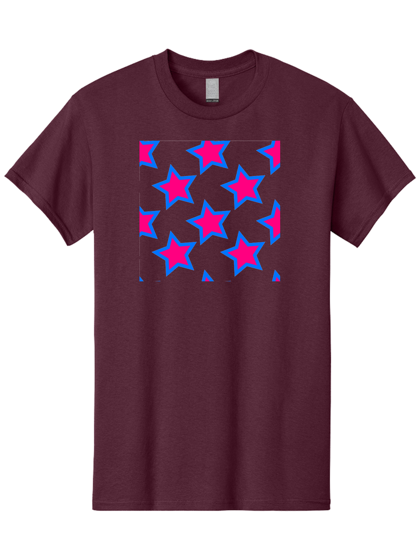 Pink-Stars-Pattern Men'S Graphic Tee, 100% Cotton, Comfortable Casual Summer Wear, Machine Washable, Pink Stars, Blue Outline, Yellow Background, Repeating Pattern, Festive Design, Bright Colors, Fun Graphics, Star Pattern, Aac413