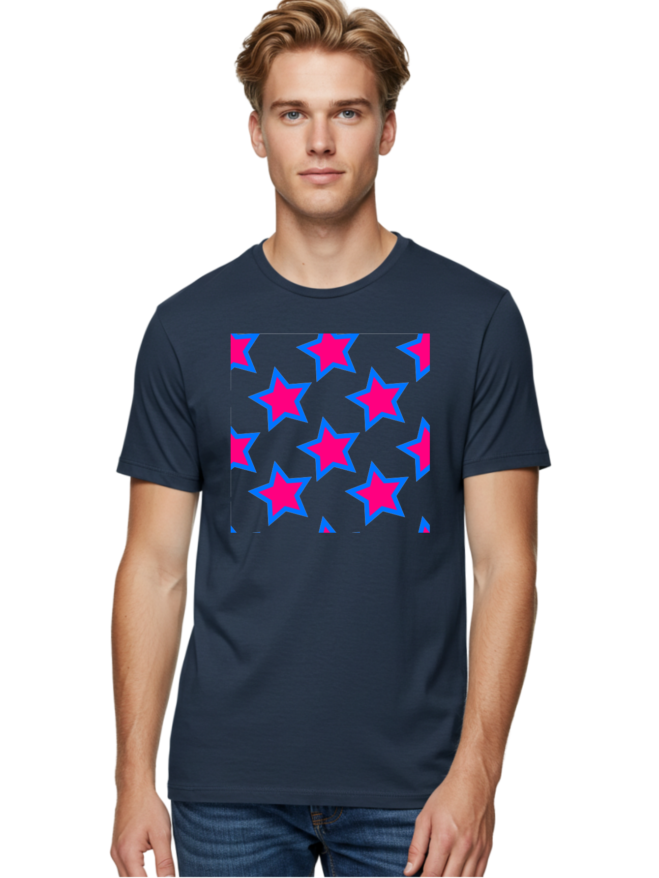 Pink-Stars-Pattern Men'S Graphic Tee, 100% Cotton, Comfortable Casual Summer Wear, Machine Washable, Pink Stars, Blue Outline, Yellow Background, Repeating Pattern, Festive Design, Bright Colors, Fun Graphics, Star Pattern, Aac413