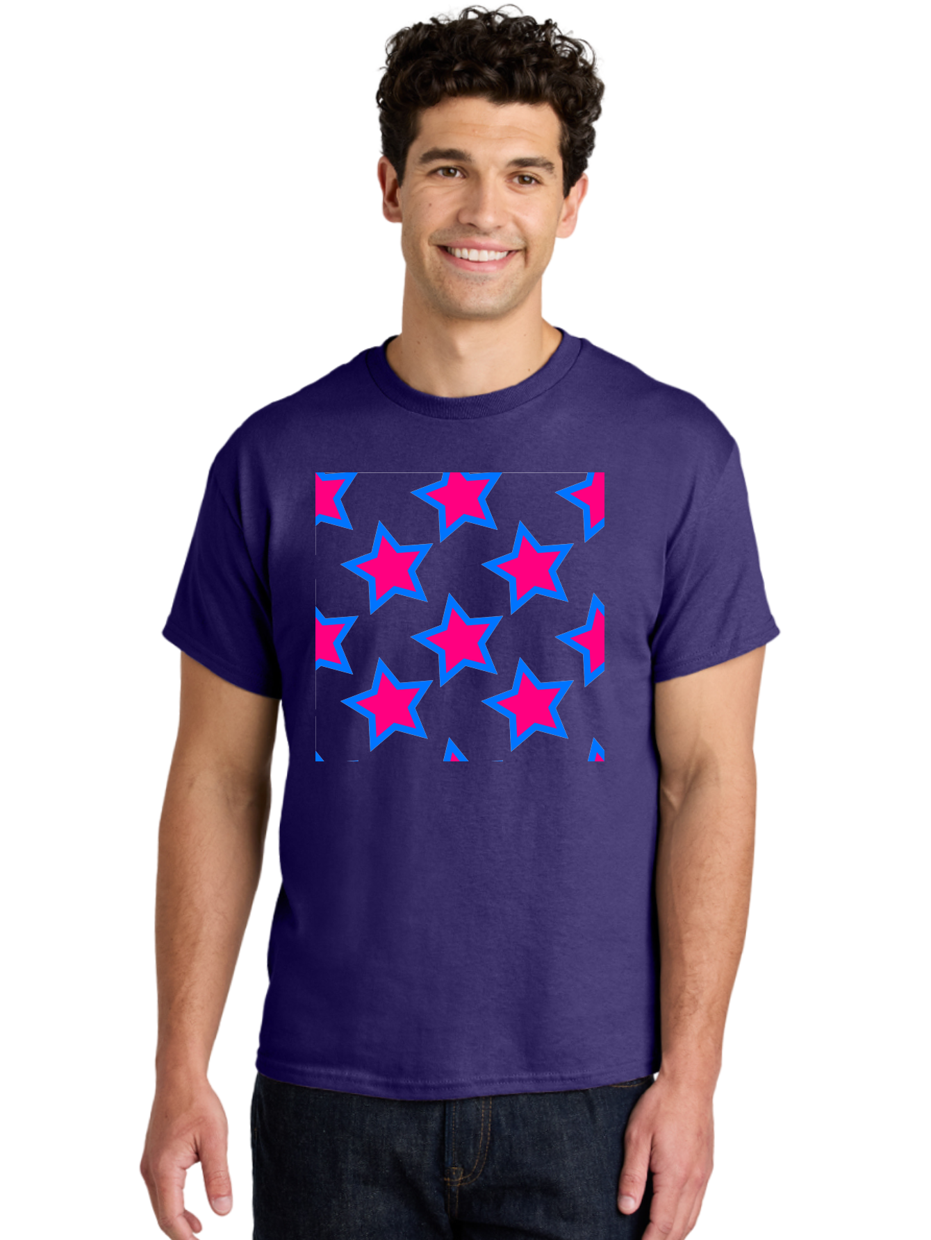 Pink-Stars-Pattern Men'S Graphic Tee, 100% Cotton, Comfortable Casual Summer Wear, Machine Washable, Pink Stars, Blue Outline, Yellow Background, Repeating Pattern, Festive Design, Bright Colors, Fun Graphics, Star Pattern, Aac413