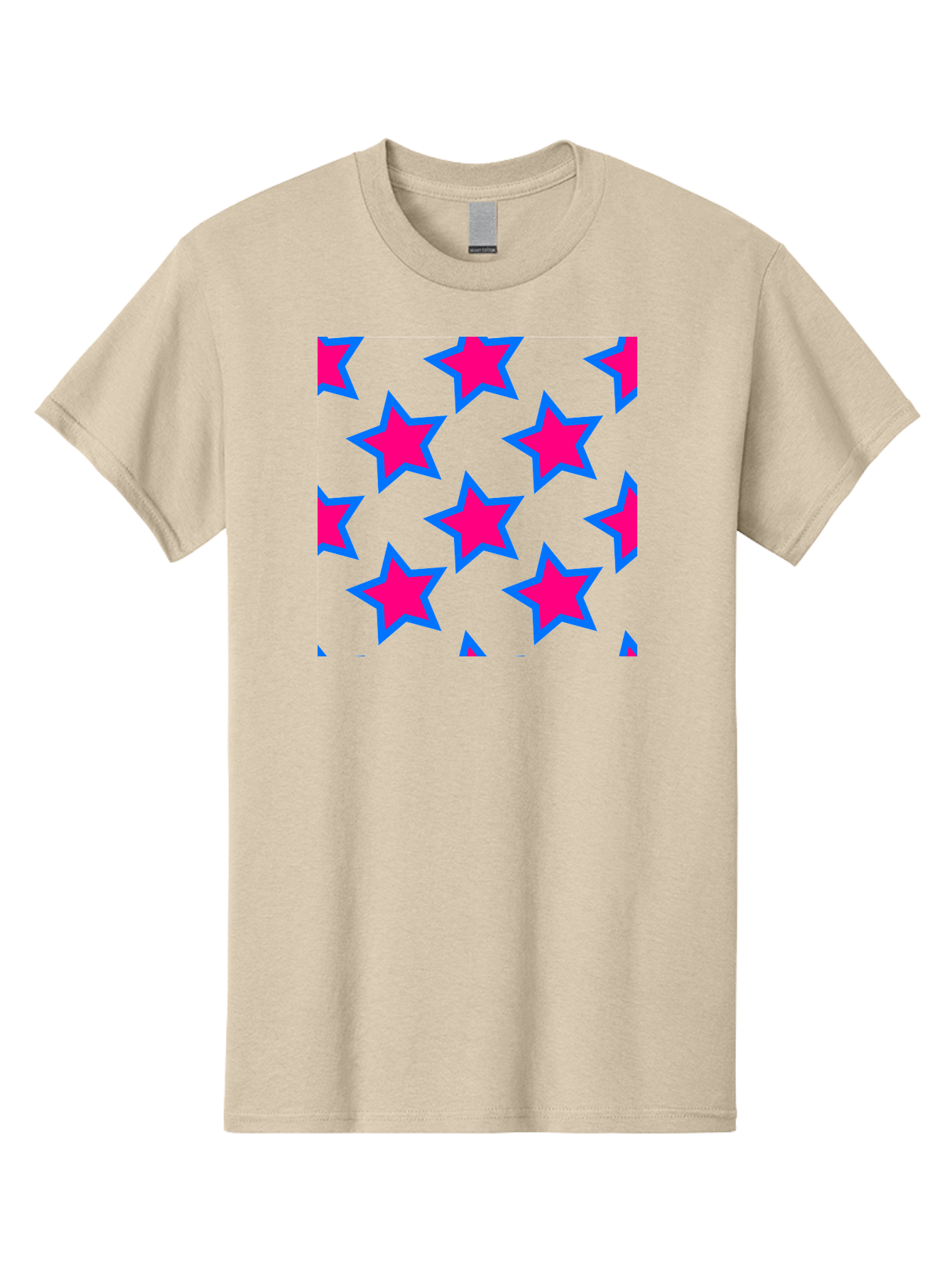 Pink-Stars-Pattern Men'S Graphic Tee, 100% Cotton, Comfortable Casual Summer Wear, Machine Washable, Pink Stars, Blue Outline, Yellow Background, Repeating Pattern, Festive Design, Bright Colors, Fun Graphics, Star Pattern, Aac413