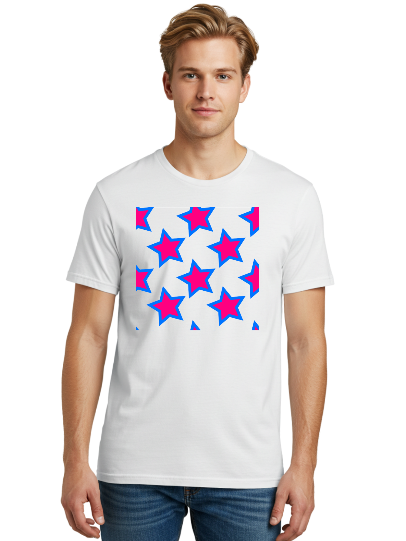 Pink-Stars-Pattern Men'S Graphic Tee, 100% Cotton, Comfortable Casual Summer Wear, Machine Washable, Pink Stars, Blue Outline, Yellow Background, Repeating Pattern, Festive Design, Bright Colors, Fun Graphics, Star Pattern, Aac413