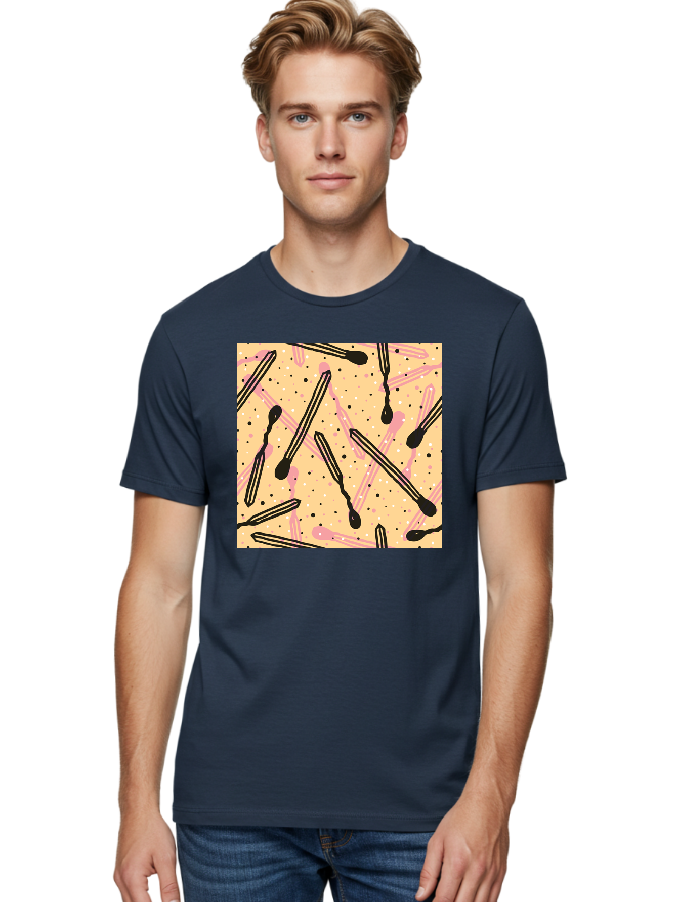 Pipettes Men'S Graphic Tee, 100% Cotton, Comfortable Casual Summer Wear, Machine Washable, Lip Gloss, Makeup, Beauty Products, Cosmetic Design, Abstract Pattern, Trendy Colors, Pink And Black Accents, Yellow Background, Fashion Texture, Aac414