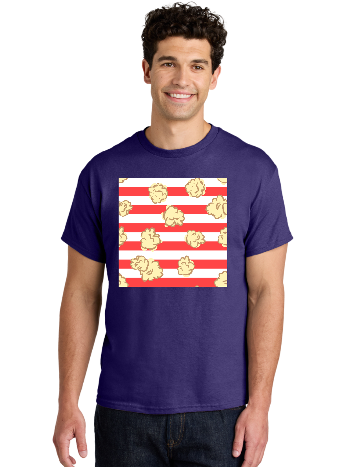 Popcorn-Stripes Men'S Graphic Tee, 100% Cotton, Comfortable Casual Summer Wear, Machine Washable, Popcorn, Red And White Stripes, Movie Snack, Cinematic Treats, Yellow Popcorn, Striped Background, Popcorn Illustration, Snack Time, Film Night, Aac416