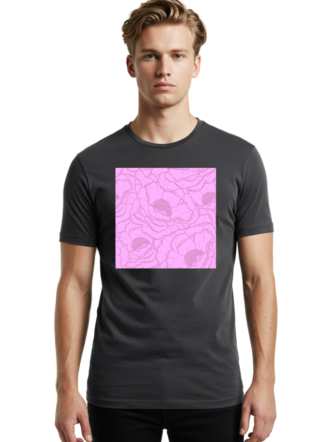 Poppies Men'S Graphic Tee, 100% Cotton, Comfortable Casual Summer Wear, Machine Washable, Pink Flowers, Floral Pattern, Delicate Petals, Intricate Details, Soft Pink Hue, Feminine Design, Bohemian Style, Wallpaper, Pastel Colors, Aac417