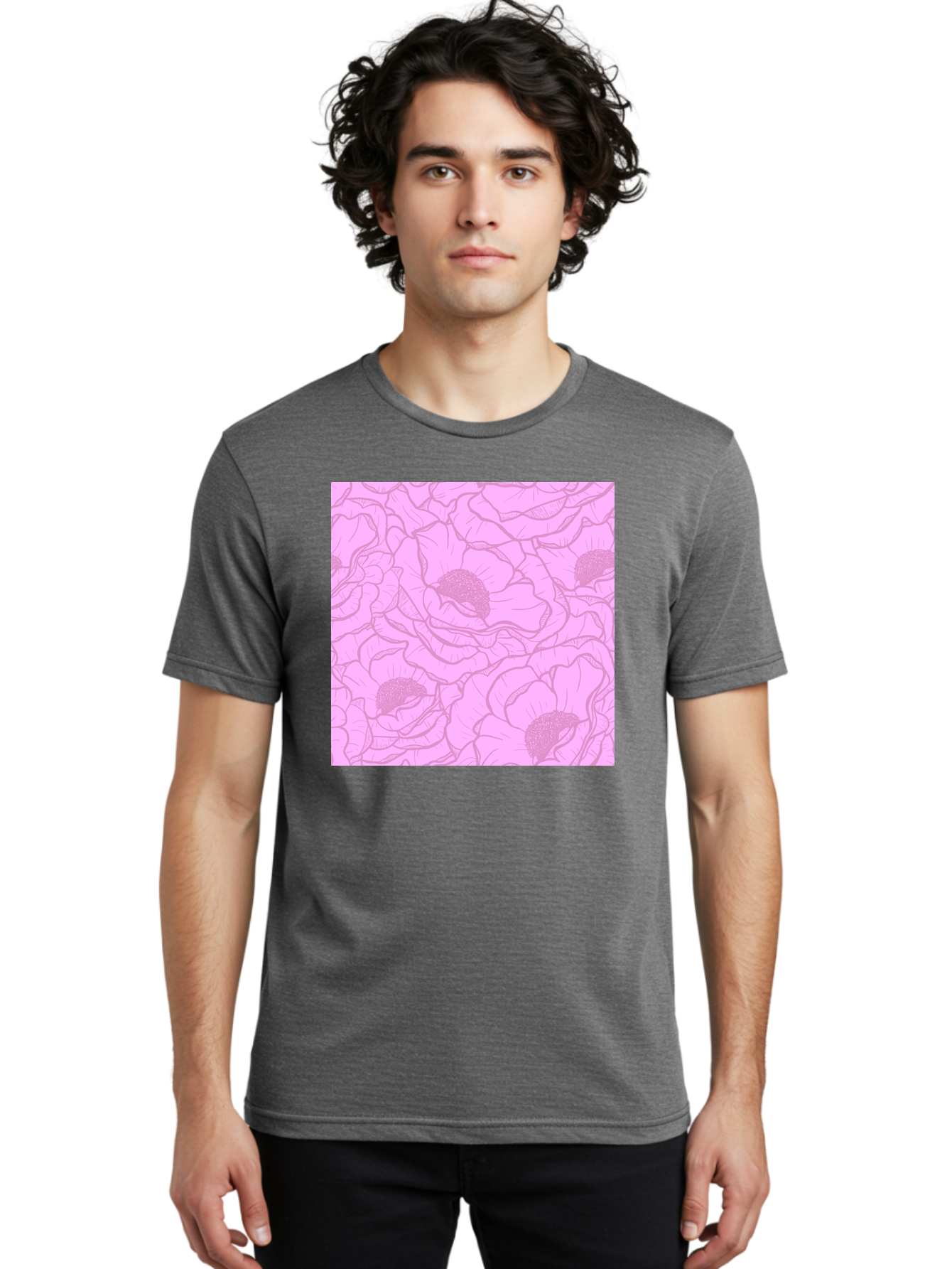 Poppies Men'S Graphic Tee, 100% Cotton, Comfortable Casual Summer Wear, Machine Washable, Pink Flowers, Floral Pattern, Delicate Petals, Intricate Details, Soft Pink Hue, Feminine Design, Bohemian Style, Wallpaper, Pastel Colors, Aac417