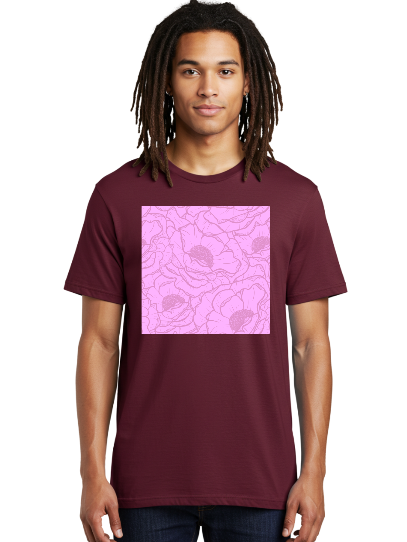Poppies Men'S Graphic Tee, 100% Cotton, Comfortable Casual Summer Wear, Machine Washable, Pink Flowers, Floral Pattern, Delicate Petals, Intricate Details, Soft Pink Hue, Feminine Design, Bohemian Style, Wallpaper, Pastel Colors, Aac417