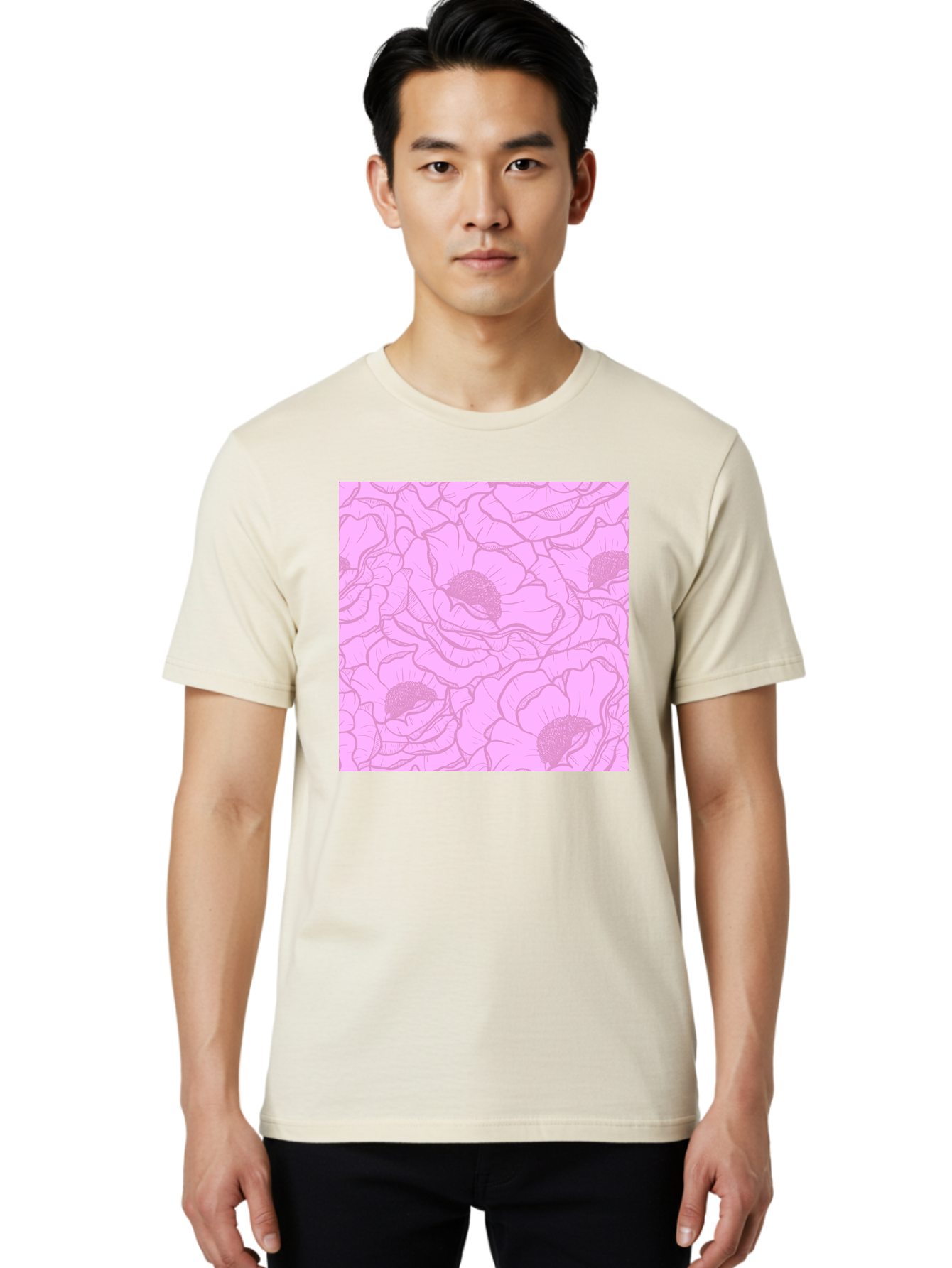 Poppies Men'S Graphic Tee, 100% Cotton, Comfortable Casual Summer Wear, Machine Washable, Pink Flowers, Floral Pattern, Delicate Petals, Intricate Details, Soft Pink Hue, Feminine Design, Bohemian Style, Wallpaper, Pastel Colors, Aac417