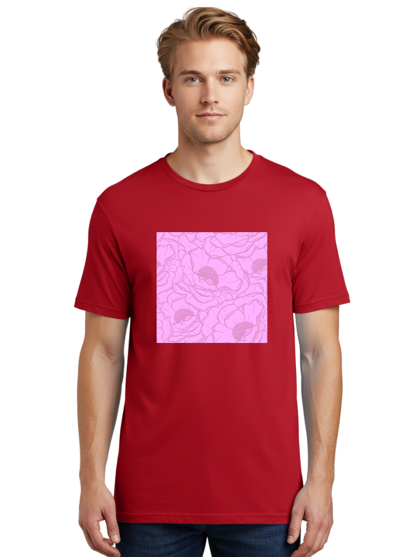 Poppies Men'S Graphic Tee, 100% Cotton, Comfortable Casual Summer Wear, Machine Washable, Pink Flowers, Floral Pattern, Delicate Petals, Intricate Details, Soft Pink Hue, Feminine Design, Bohemian Style, Wallpaper, Pastel Colors, Aac417