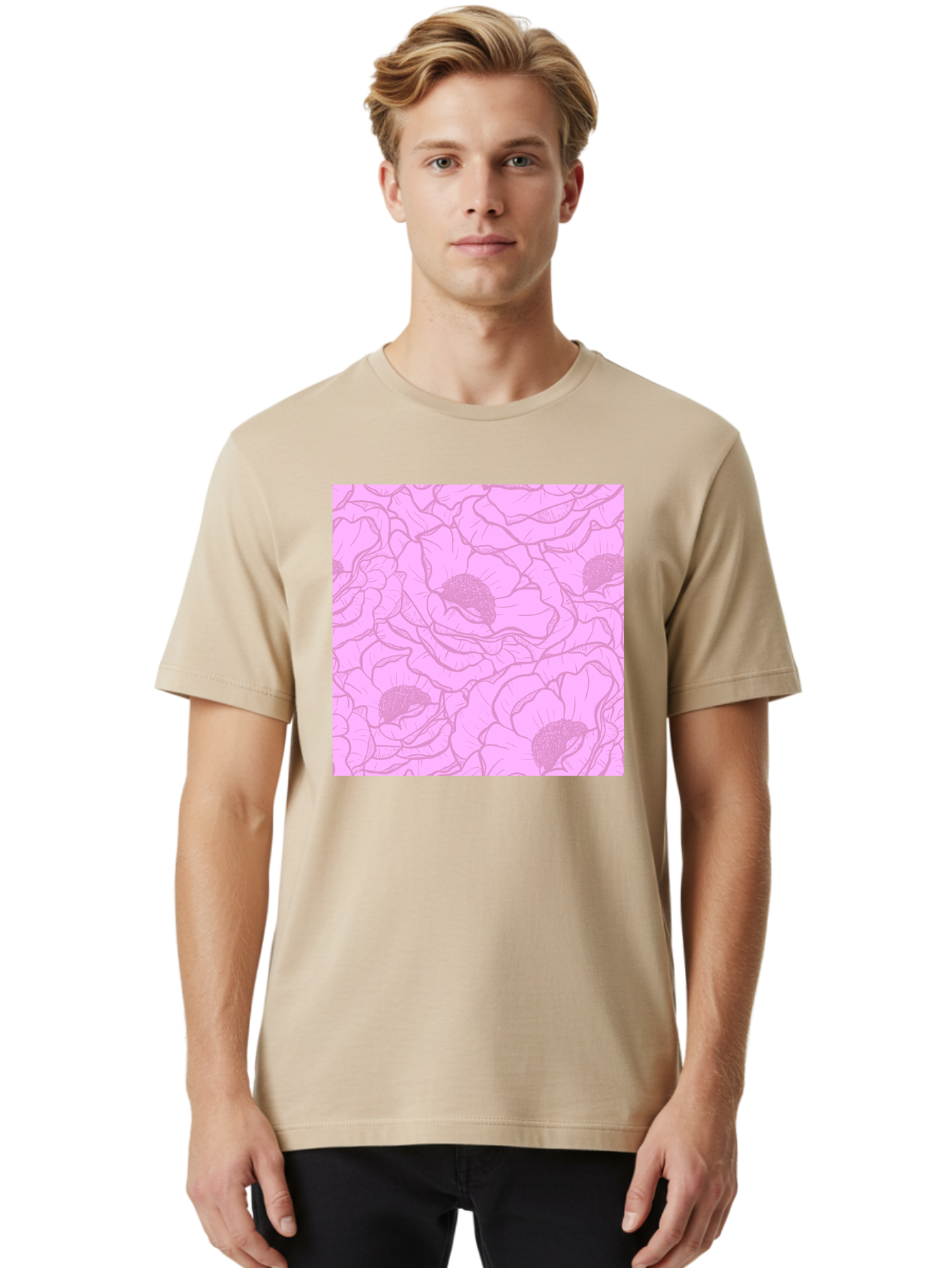 Poppies Men'S Graphic Tee, 100% Cotton, Comfortable Casual Summer Wear, Machine Washable, Pink Flowers, Floral Pattern, Delicate Petals, Intricate Details, Soft Pink Hue, Feminine Design, Bohemian Style, Wallpaper, Pastel Colors, Aac417