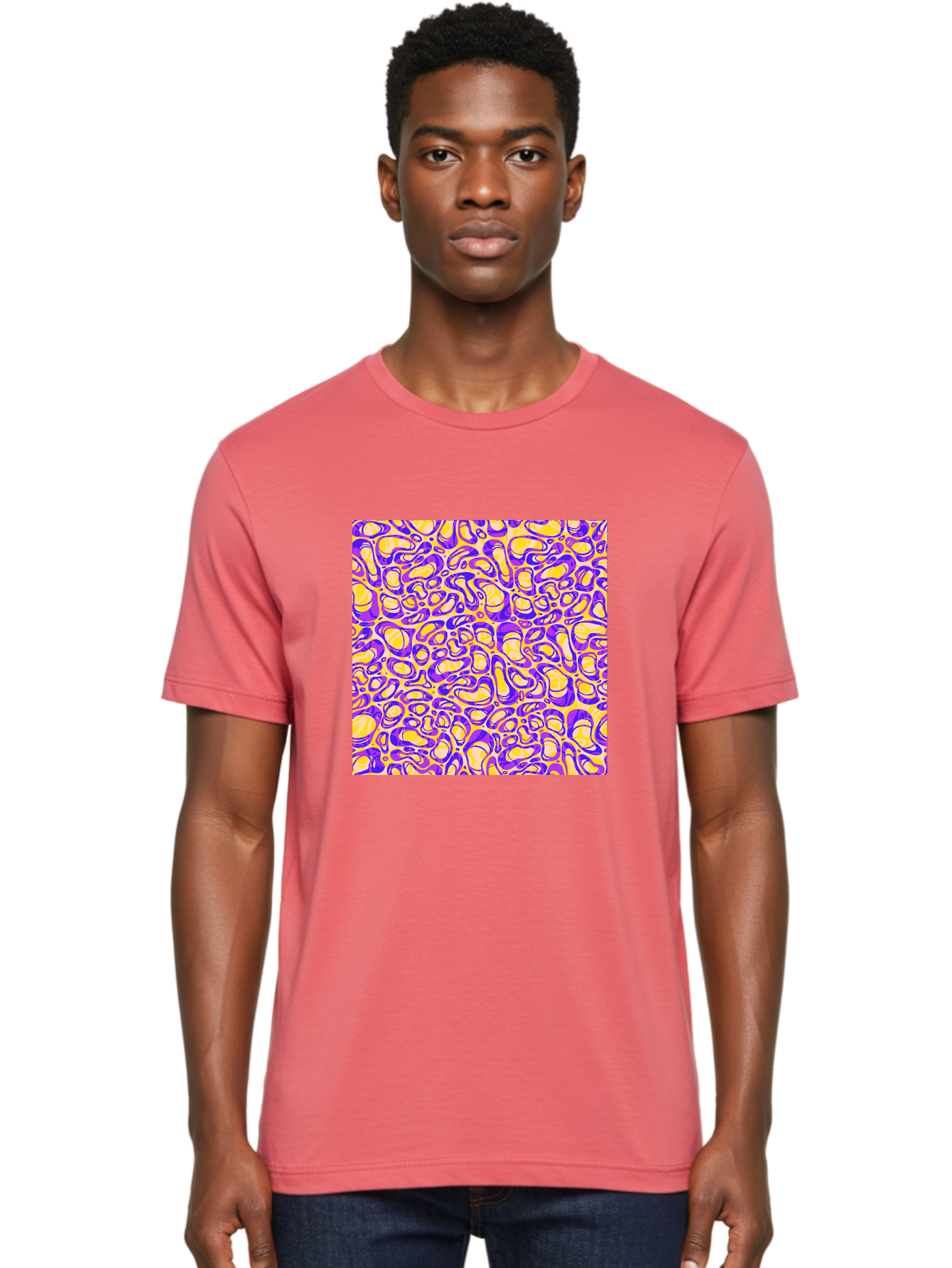 Purple-And-Yellow-Swirl Men'S Graphic Tee, 100% Cotton, Comfortable Casual Summer Wear, Machine Washable, Amethyst And Lemon Swirly Pattern, Abstract Design, Vibrant Purple, Yellow Shapes, Organic Texture, Mesmerizing Visual Effect, Aac418