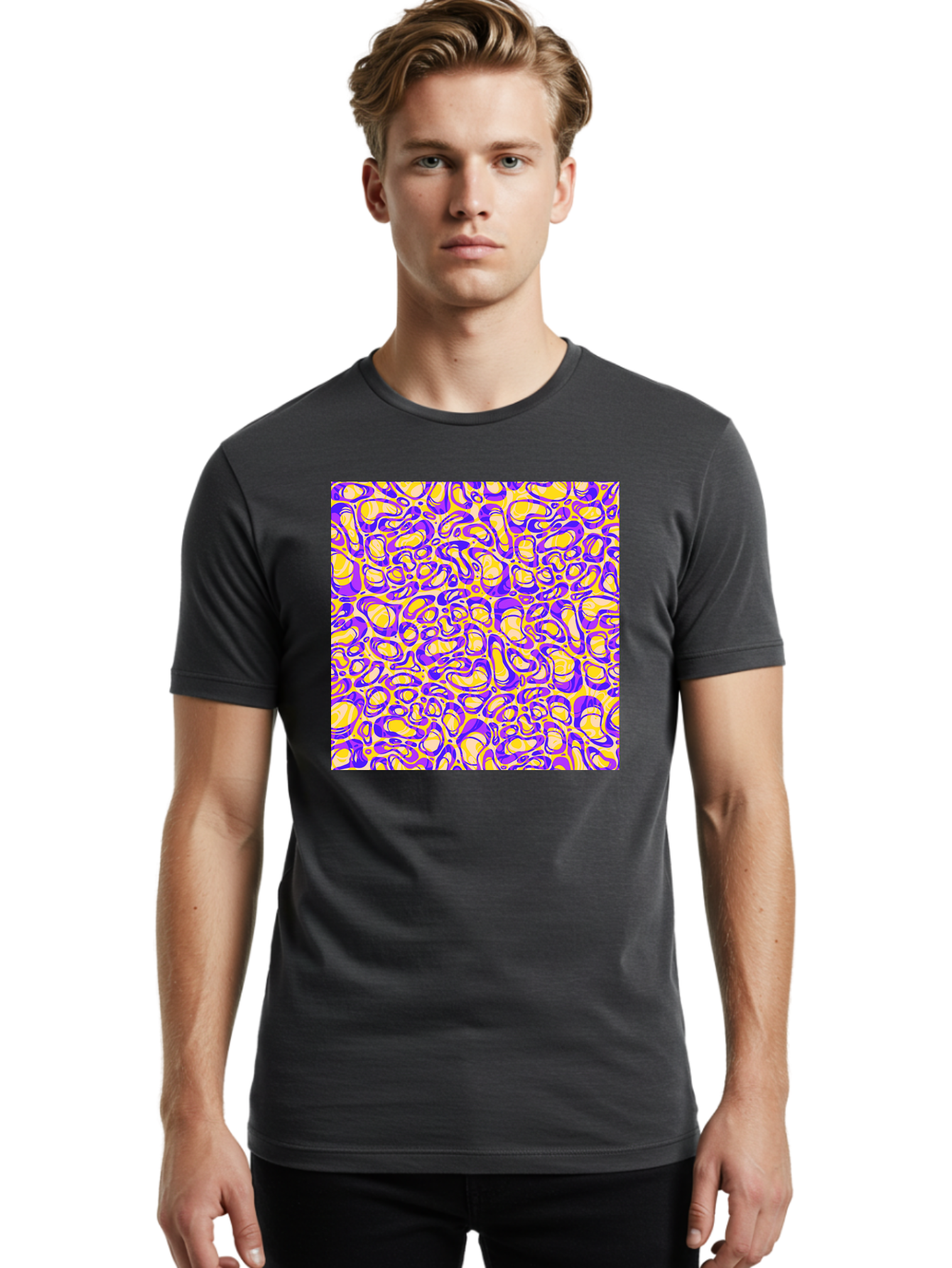 Purple-And-Yellow-Swirl Men'S Graphic Tee, 100% Cotton, Comfortable Casual Summer Wear, Machine Washable, Amethyst And Lemon Swirly Pattern, Abstract Design, Vibrant Purple, Yellow Shapes, Organic Texture, Mesmerizing Visual Effect, Aac418