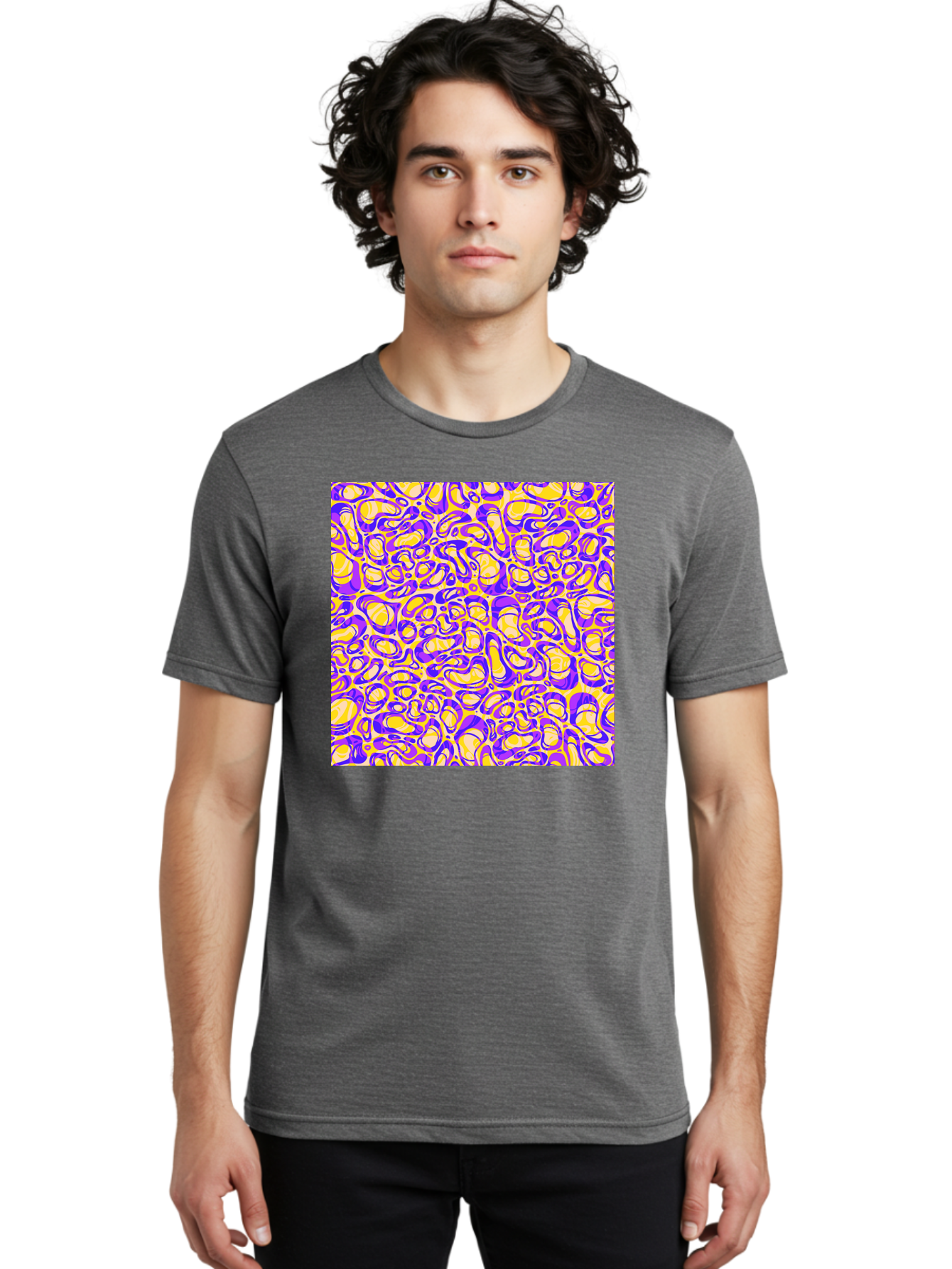 Purple-And-Yellow-Swirl Men'S Graphic Tee, 100% Cotton, Comfortable Casual Summer Wear, Machine Washable, Amethyst And Lemon Swirly Pattern, Abstract Design, Vibrant Purple, Yellow Shapes, Organic Texture, Mesmerizing Visual Effect, Aac418