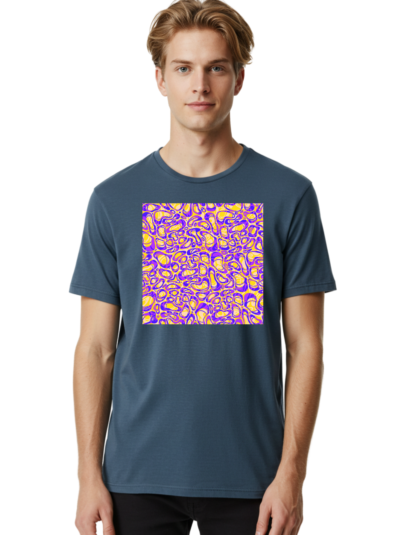 Purple-And-Yellow-Swirl Men'S Graphic Tee, 100% Cotton, Comfortable Casual Summer Wear, Machine Washable, Amethyst And Lemon Swirly Pattern, Abstract Design, Vibrant Purple, Yellow Shapes, Organic Texture, Mesmerizing Visual Effect, Aac418