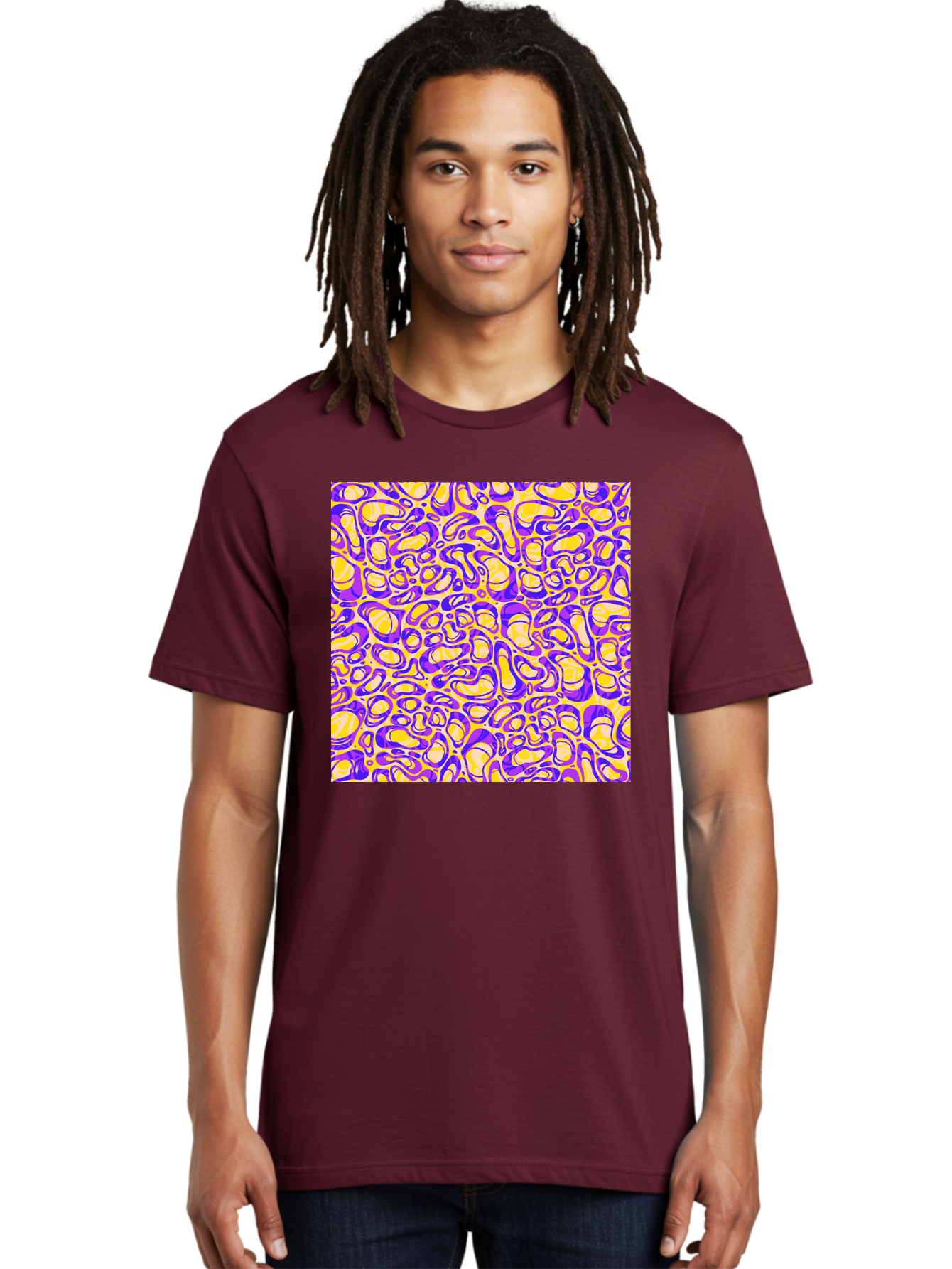 Purple-And-Yellow-Swirl Men'S Graphic Tee, 100% Cotton, Comfortable Casual Summer Wear, Machine Washable, Amethyst And Lemon Swirly Pattern, Abstract Design, Vibrant Purple, Yellow Shapes, Organic Texture, Mesmerizing Visual Effect, Aac418