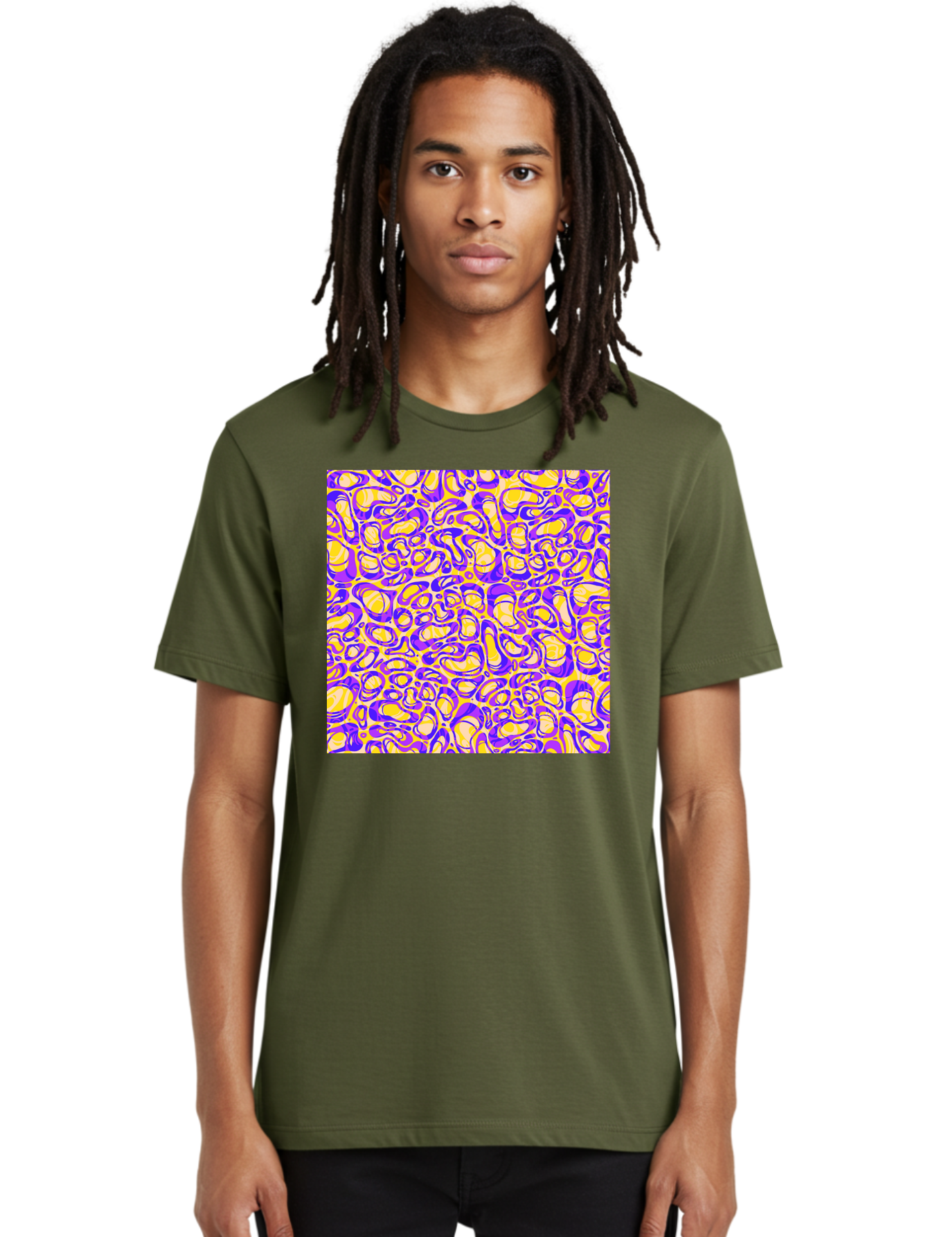 Purple-And-Yellow-Swirl Men'S Graphic Tee, 100% Cotton, Comfortable Casual Summer Wear, Machine Washable, Amethyst And Lemon Swirly Pattern, Abstract Design, Vibrant Purple, Yellow Shapes, Organic Texture, Mesmerizing Visual Effect, Aac418