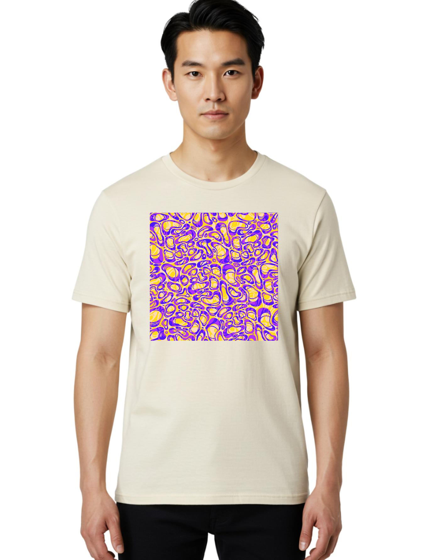 Purple-And-Yellow-Swirl Men'S Graphic Tee, 100% Cotton, Comfortable Casual Summer Wear, Machine Washable, Amethyst And Lemon Swirly Pattern, Abstract Design, Vibrant Purple, Yellow Shapes, Organic Texture, Mesmerizing Visual Effect, Aac418