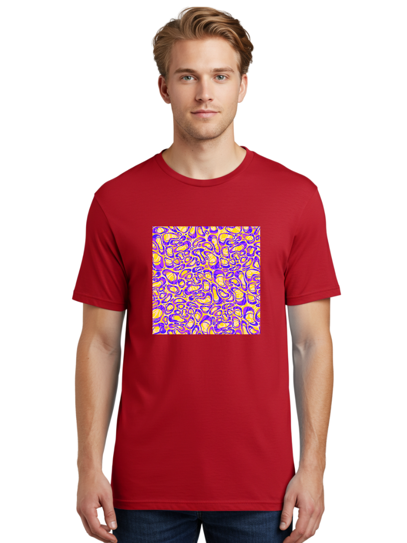 Purple-And-Yellow-Swirl Men'S Graphic Tee, 100% Cotton, Comfortable Casual Summer Wear, Machine Washable, Amethyst And Lemon Swirly Pattern, Abstract Design, Vibrant Purple, Yellow Shapes, Organic Texture, Mesmerizing Visual Effect, Aac418