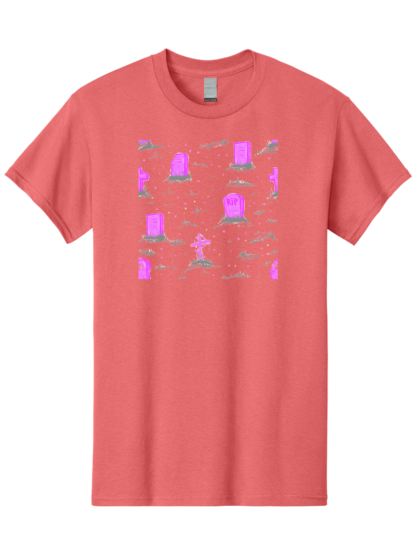Rip-Graveyard Men'S Graphic Tee, 100% Cotton, Comfortable Casual Summer Wear, Machine Washable, Graveyard Scene, Pink Tombstones, Rip Inscription, Graveyard Crosses, Kawaii Style, Halloween Theme, Cartoonish Illustration, Pastel Colors, Aac419