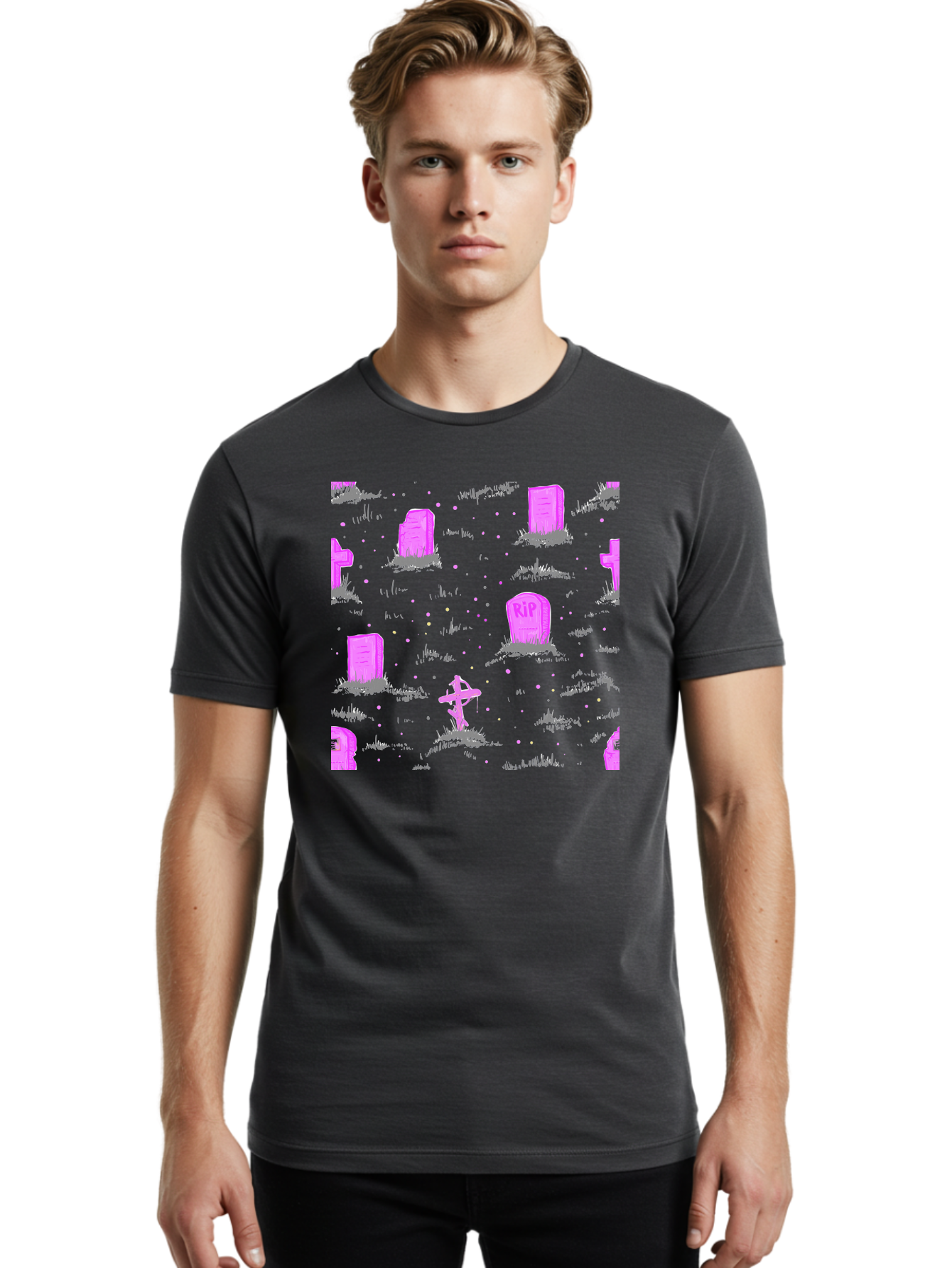 Rip-Graveyard Men'S Graphic Tee, 100% Cotton, Comfortable Casual Summer Wear, Machine Washable, Graveyard Scene, Pink Tombstones, Rip Inscription, Graveyard Crosses, Kawaii Style, Halloween Theme, Cartoonish Illustration, Pastel Colors, Aac419
