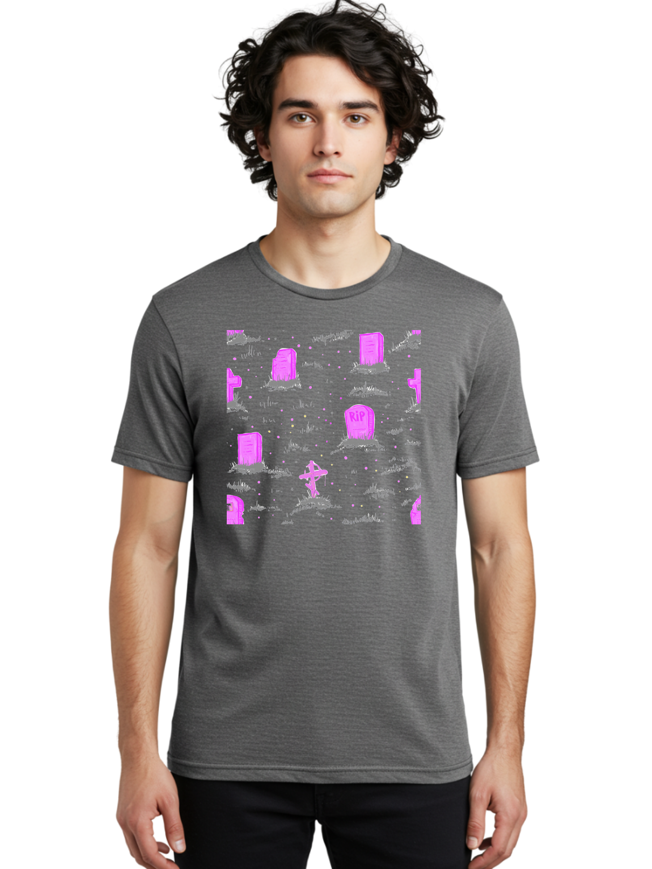 Rip-Graveyard Men'S Graphic Tee, 100% Cotton, Comfortable Casual Summer Wear, Machine Washable, Graveyard Scene, Pink Tombstones, Rip Inscription, Graveyard Crosses, Kawaii Style, Halloween Theme, Cartoonish Illustration, Pastel Colors, Aac419